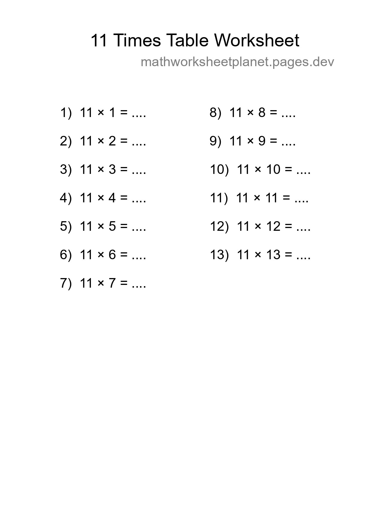 11 Times Table Worksheet For Grade 4 - Part 259