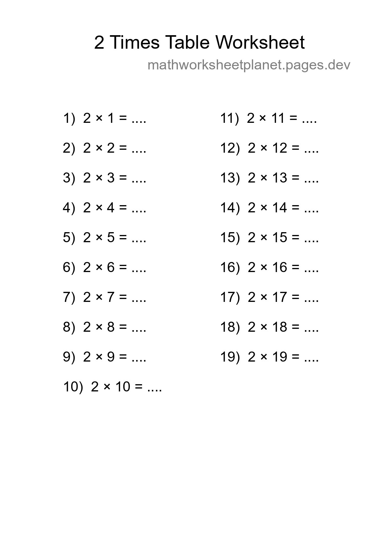 2 Times Table Worksheet For Grade 2 - Part 219