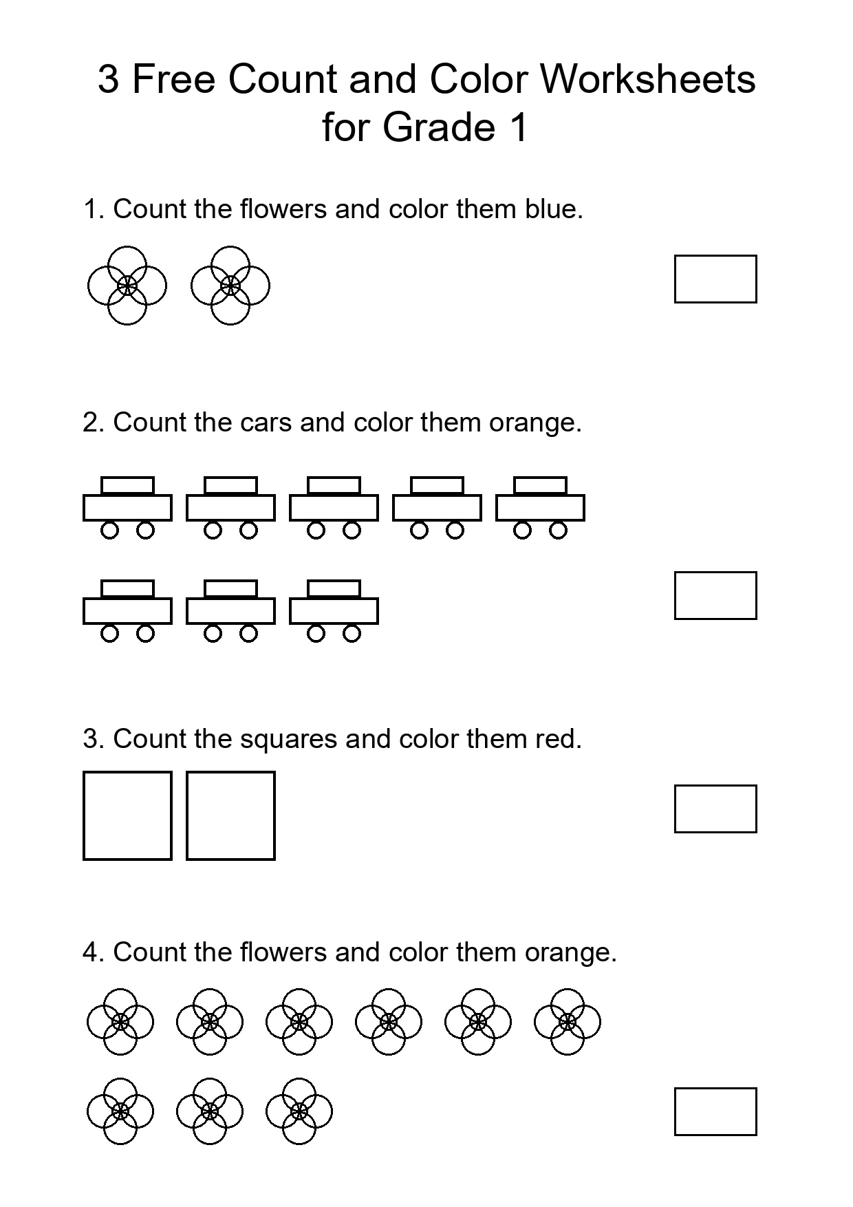 3 Free Count and Color Worksheets for Grade 1
