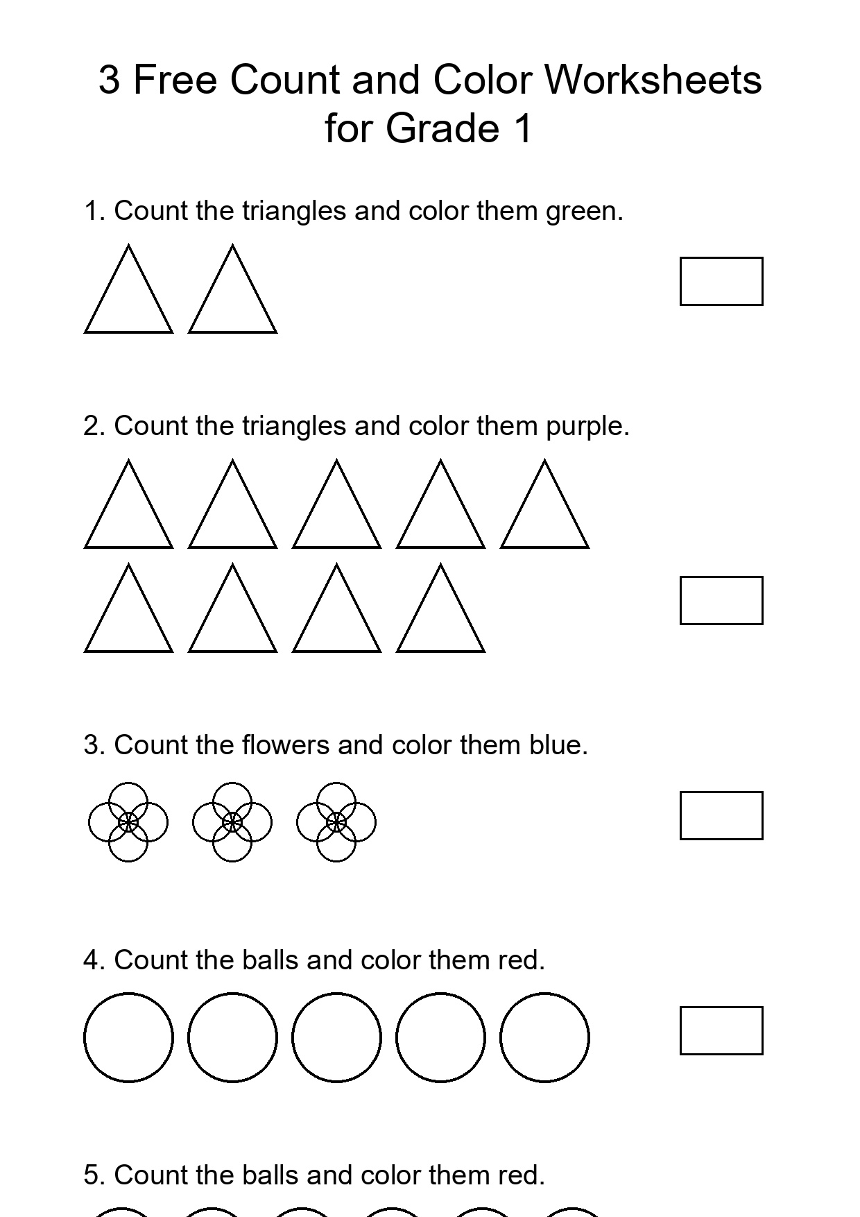 3 Free Count and Color Worksheets for Grade 1