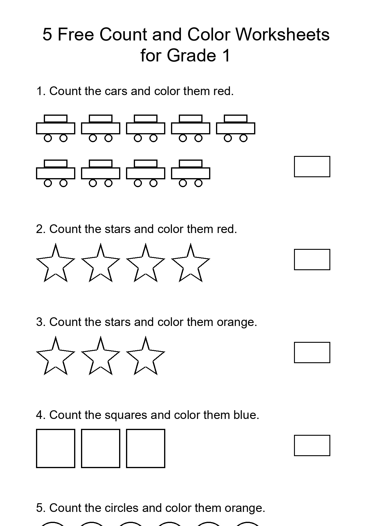 5 Free Count and Color Worksheets for Grade 1