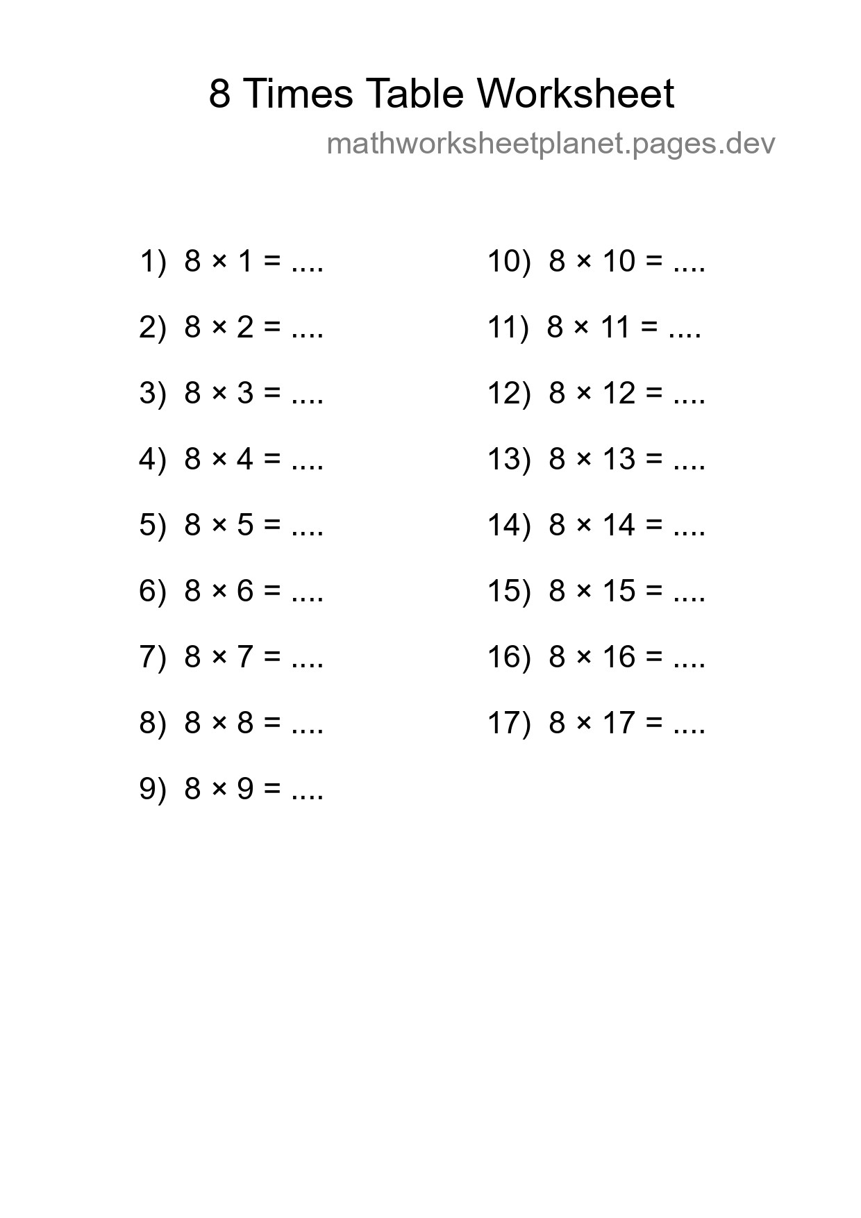 8 Times Table Worksheet For Grade 3 - Part 59