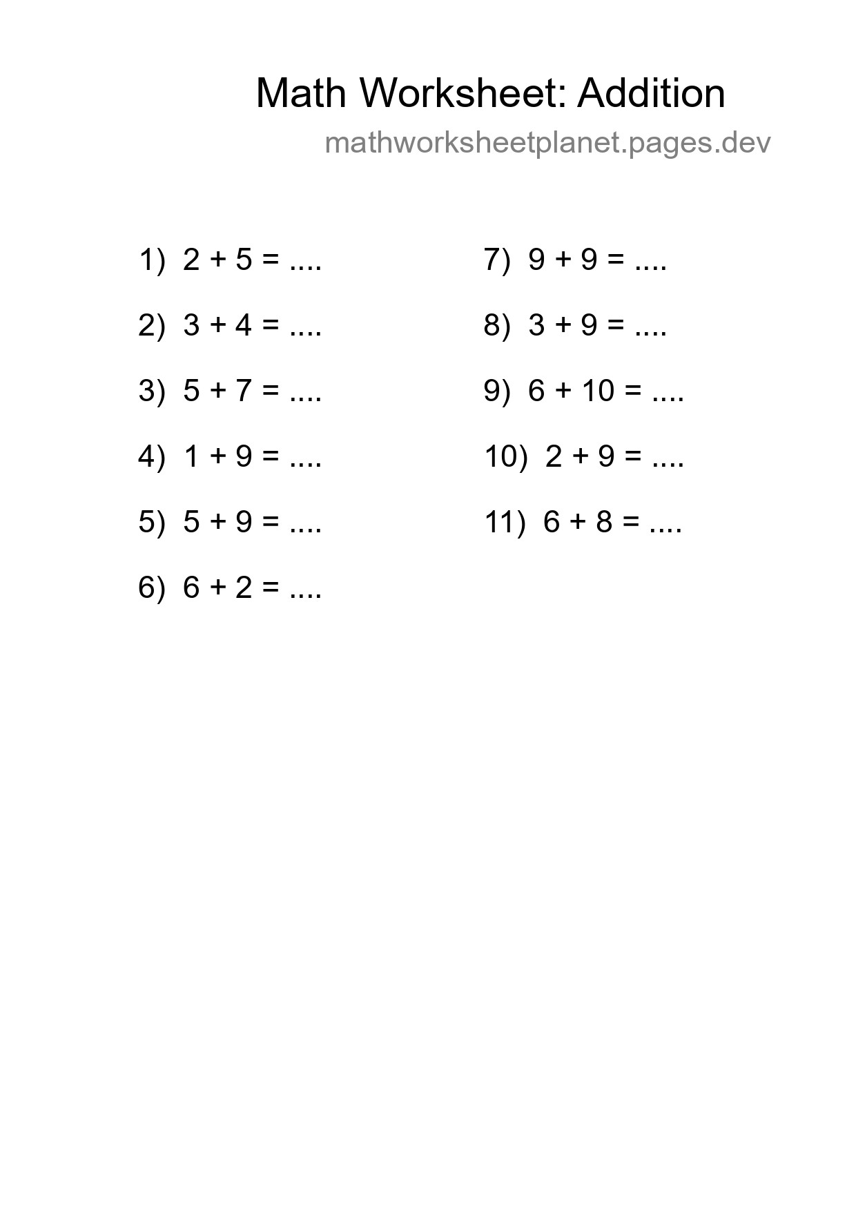 Free 11 Addition Math Worksheet For Grade 1 - Part 171