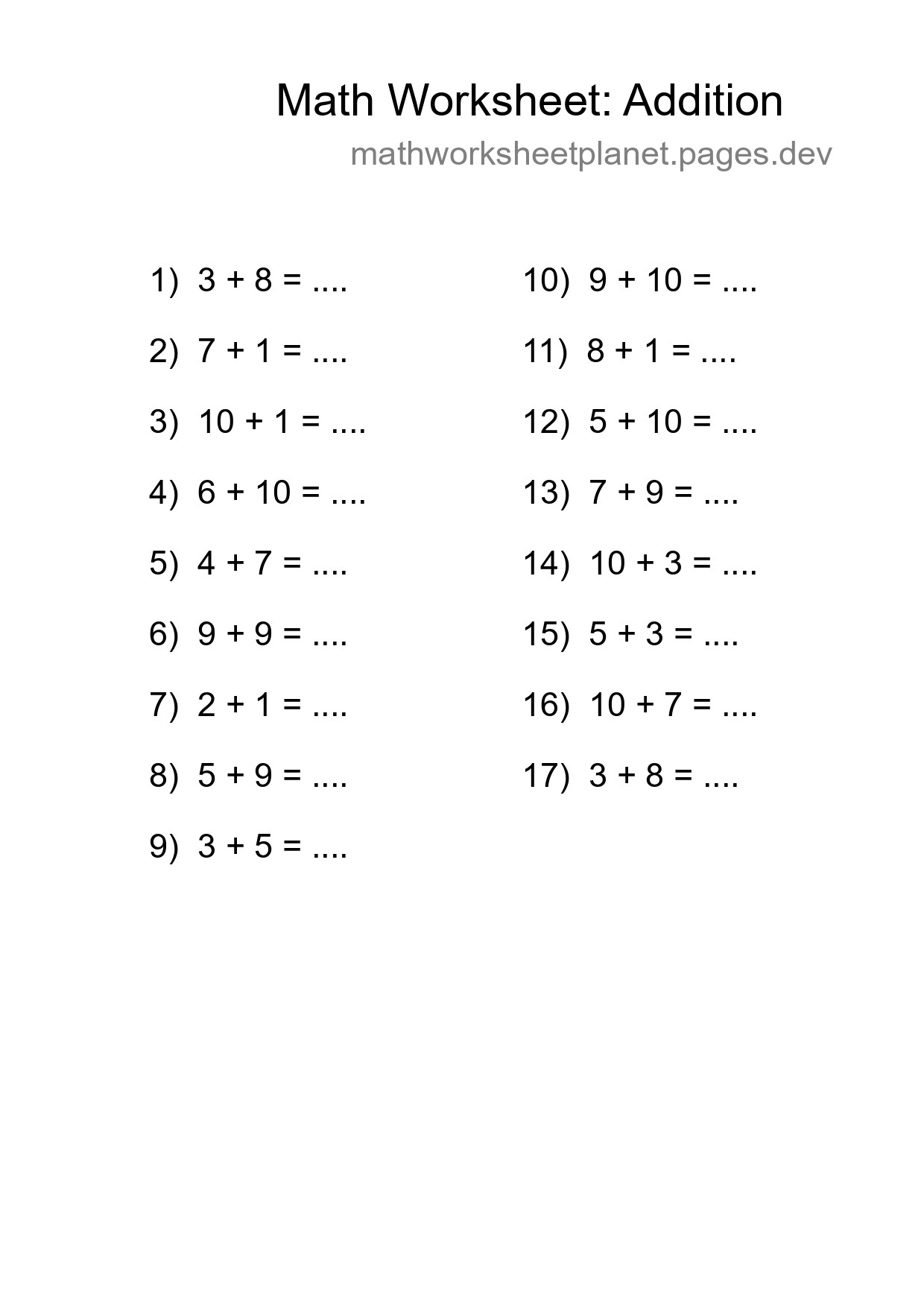 Free 17 Addition Math Worksheet For Grade 1 With Answers - Part 141