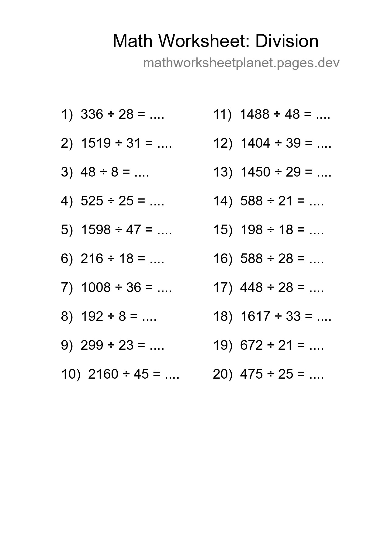 Free 20 Division Math Worksheet For Grade 2 With Answers - Part 174
