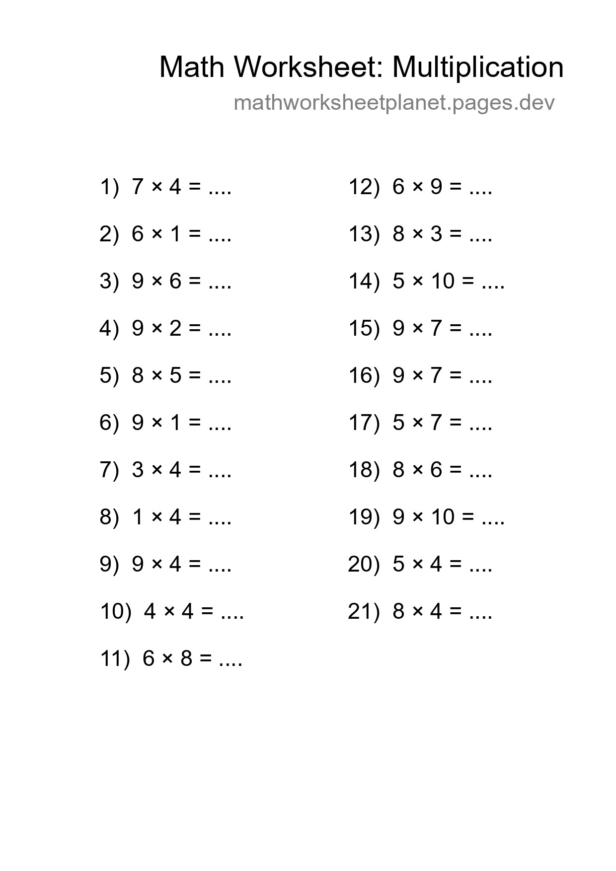 Free 21 Multiplication Math Worksheet For Grade 1 With Answers - Part 177