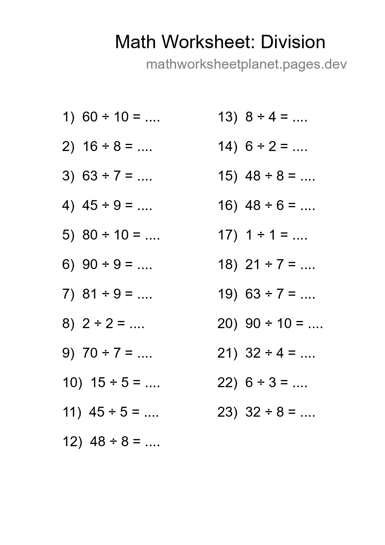 Free 23 Division Math Worksheet For Grade 1 With Answers - Part 264