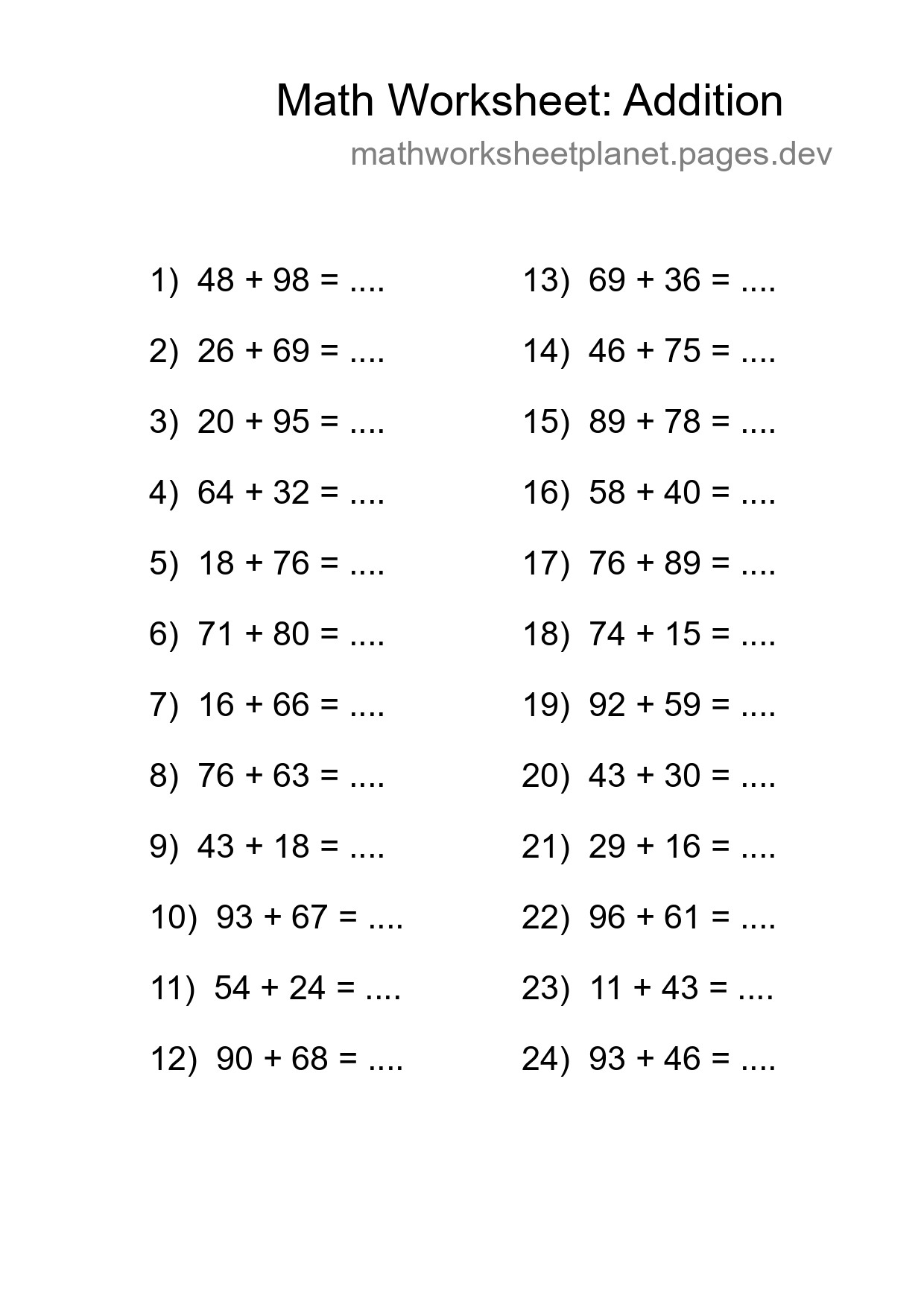 Free 24 Addition Math Worksheet For Grade 3 With Answers