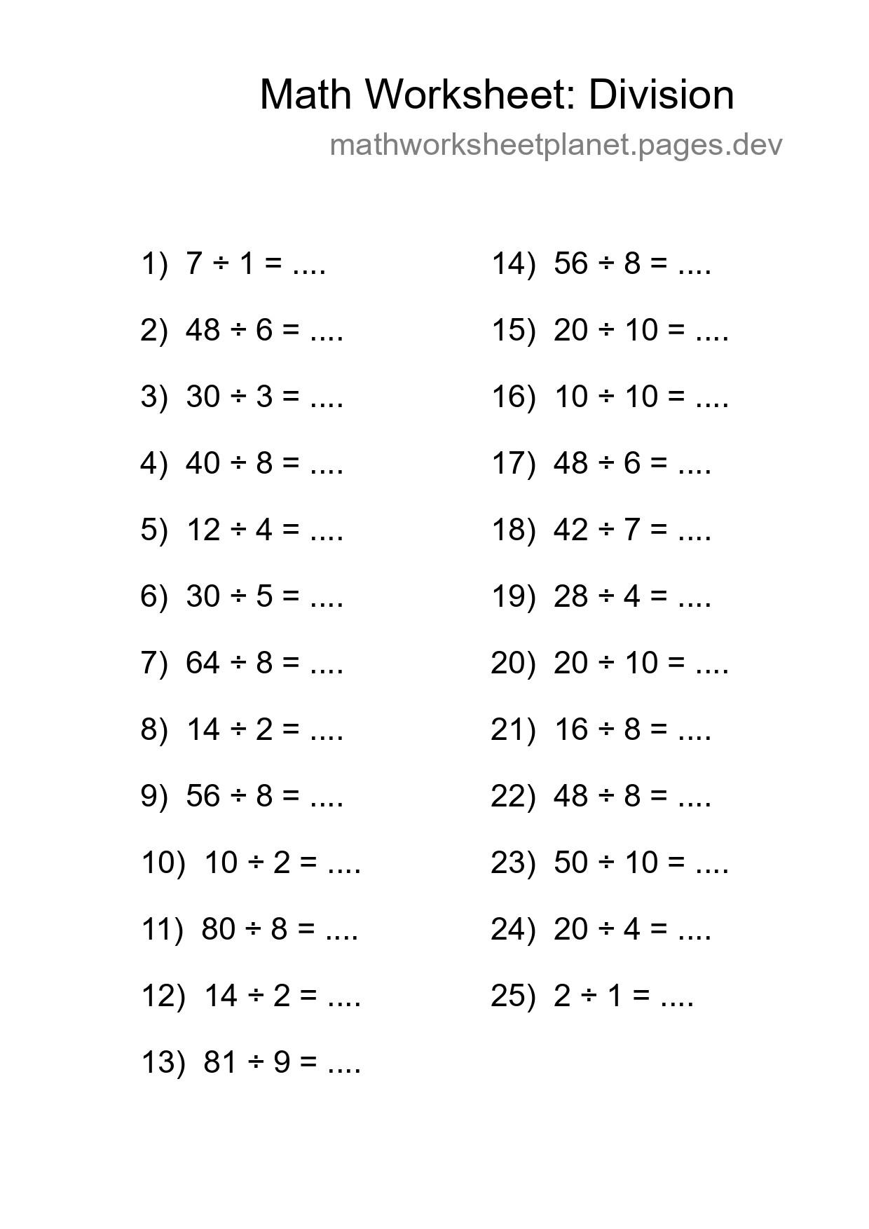 Free 25 Division Math Worksheet For Grade 1 - Part 214