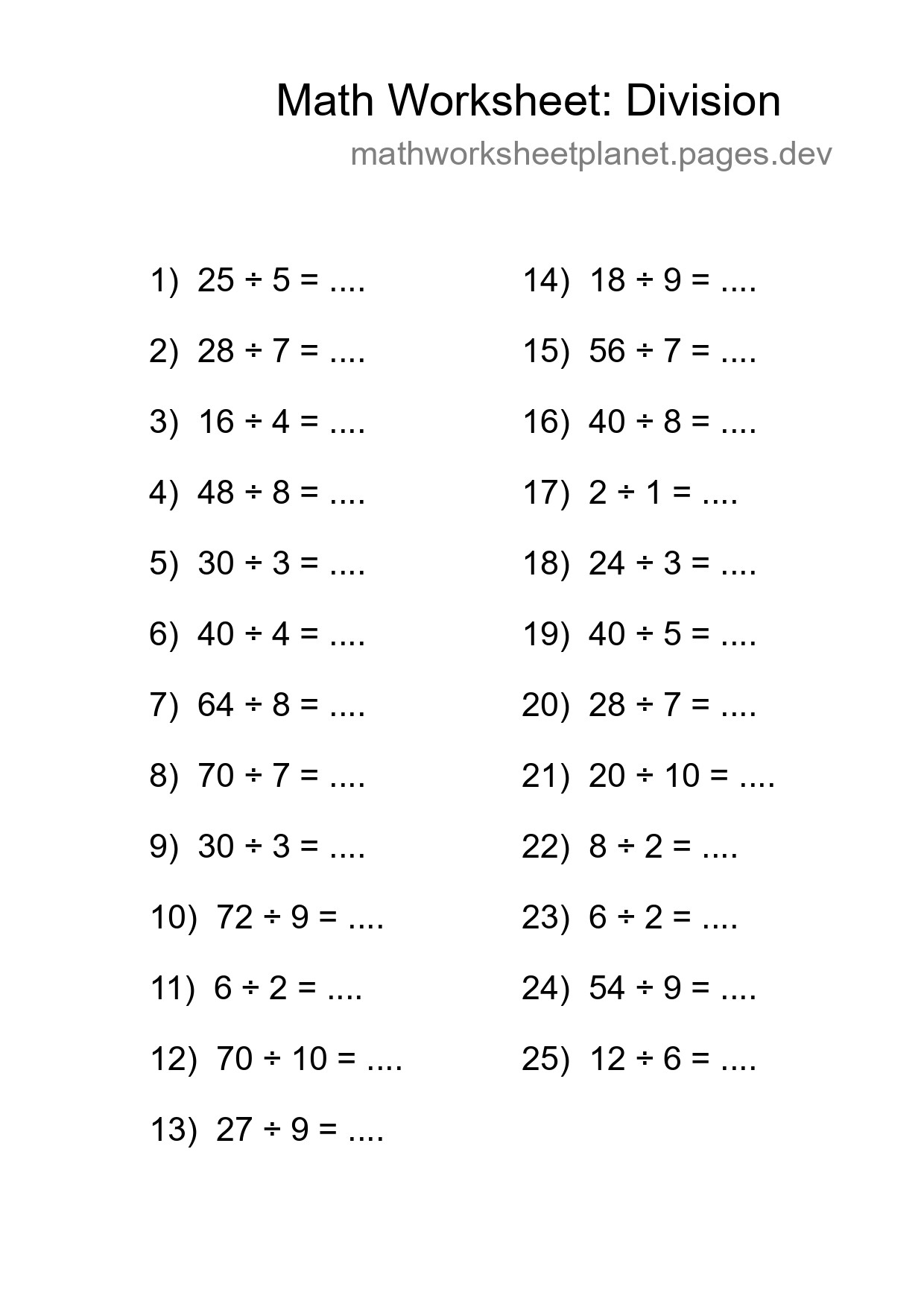 Free 25 Division Math Worksheet For Grade 1 - Part 224