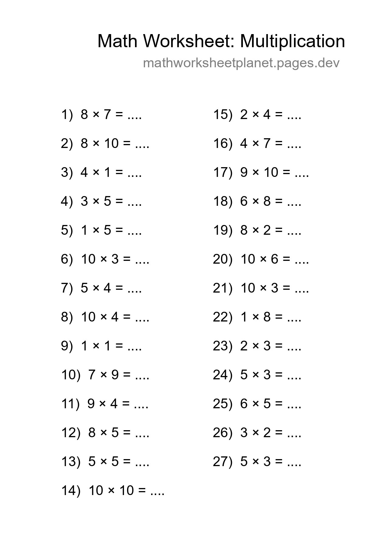 Free 27 Multiplication Math Worksheet For Grade 1 With Answers - Part 287