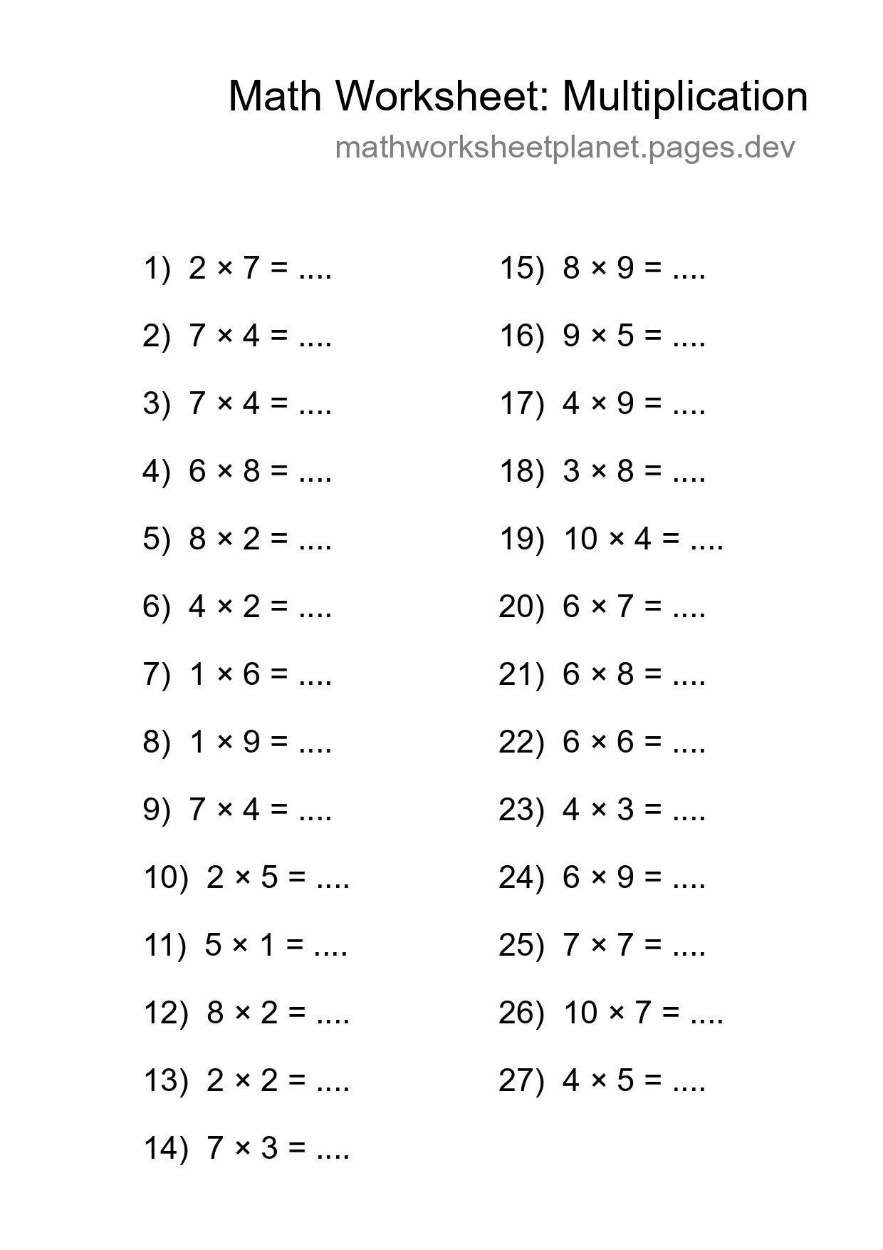 Free 27 Multiplication Math Worksheet For Grade 1 With Answers - Part 87