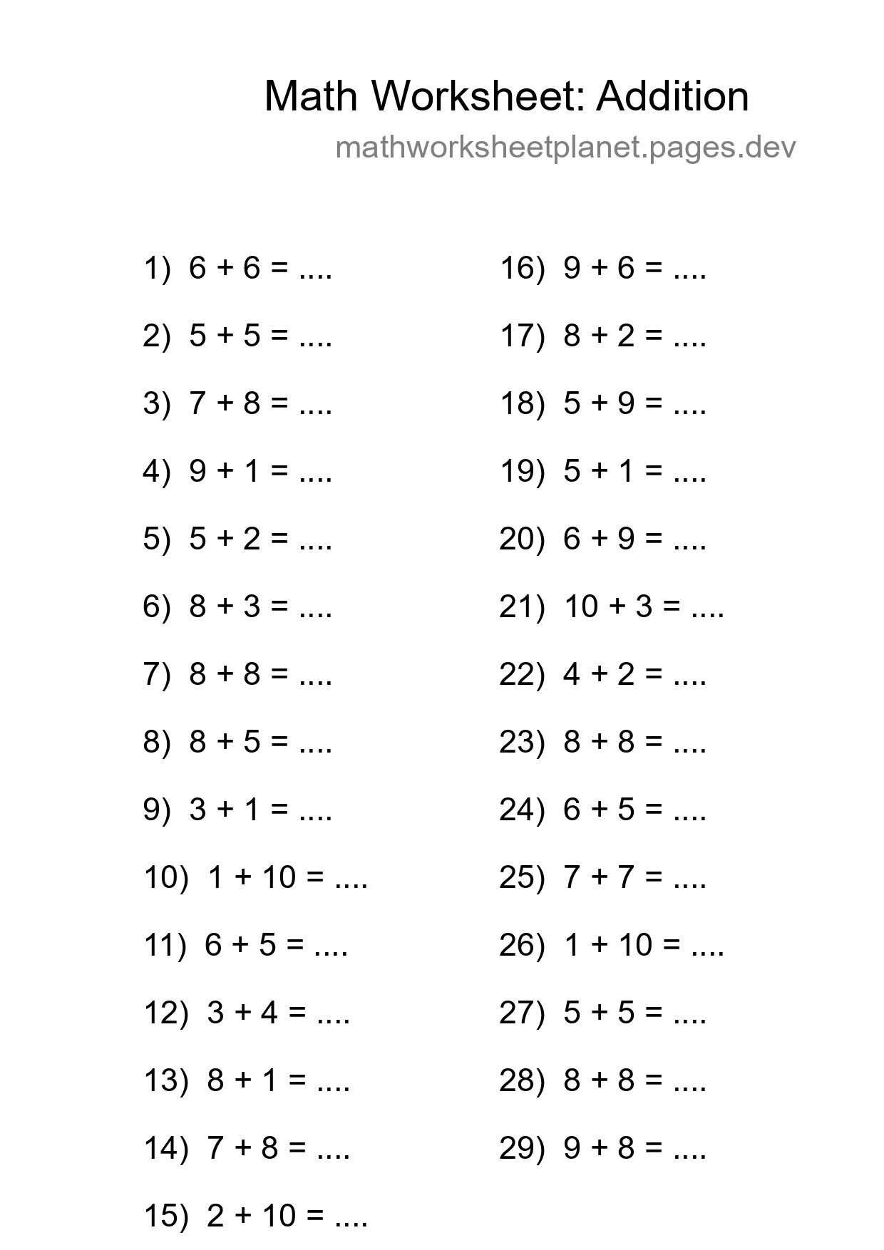 Free 29 Addition Math Worksheet For Grade 1 - Part 101