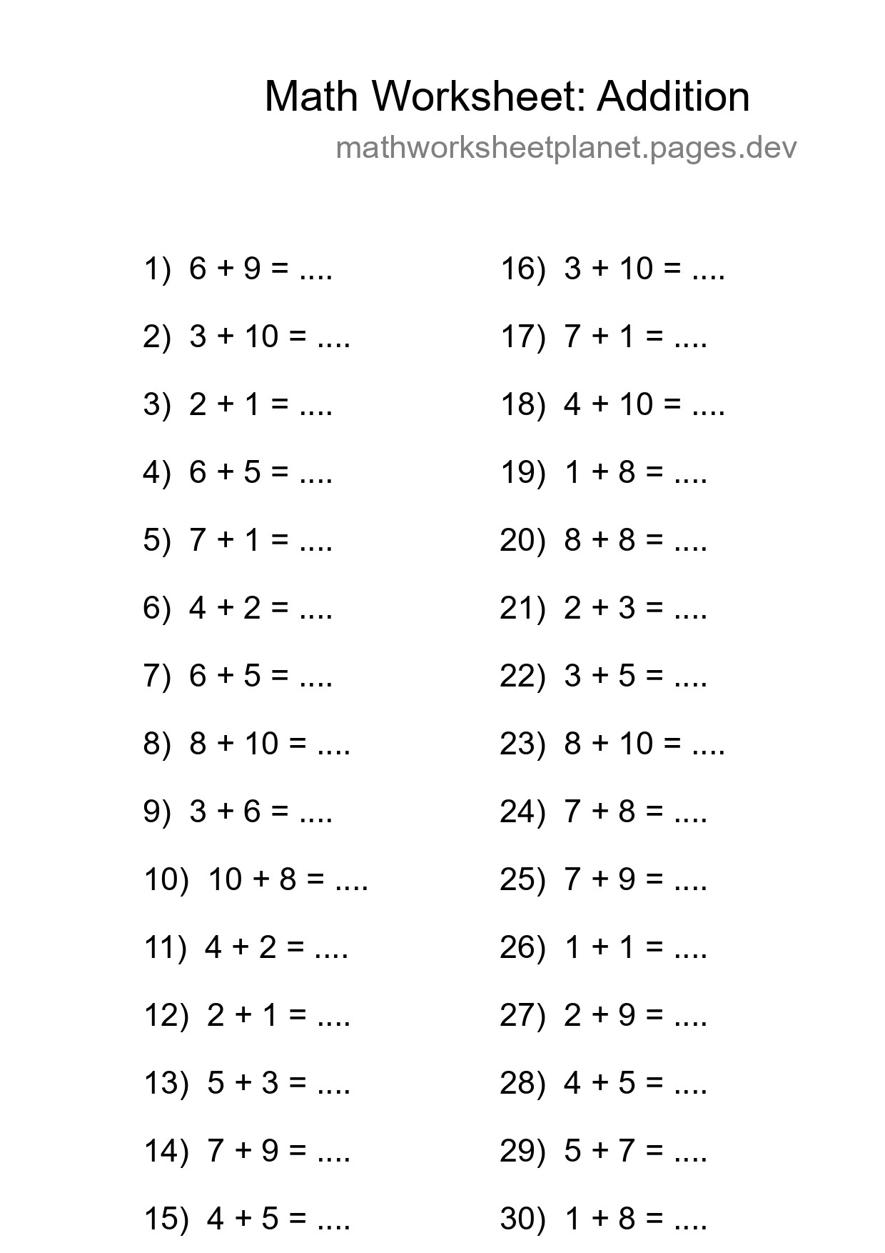 Free 30 Addition Math Worksheet For Grade 1 With Answers - Part 161