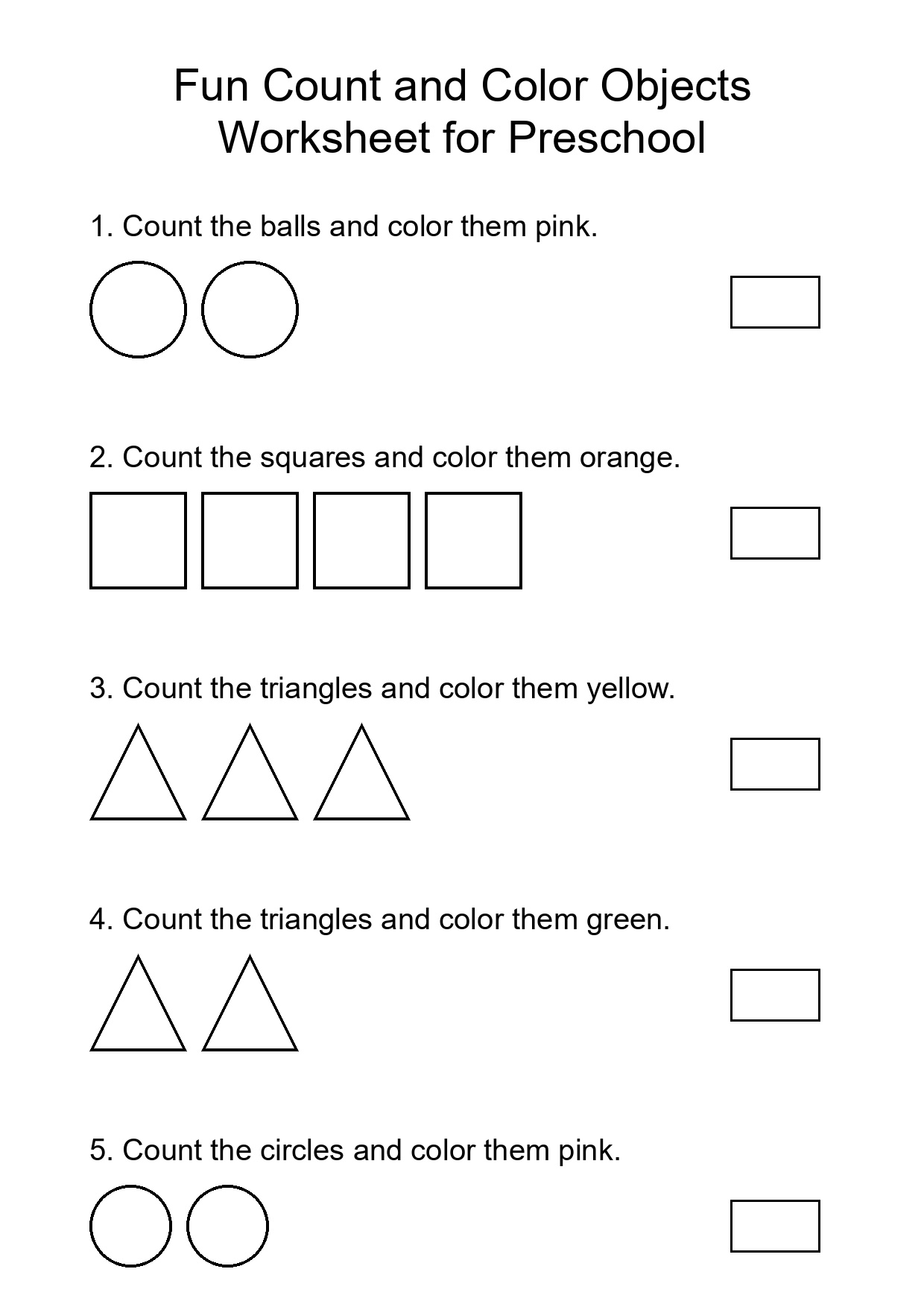 Fun Count and Color Objects Worksheet for Preschool