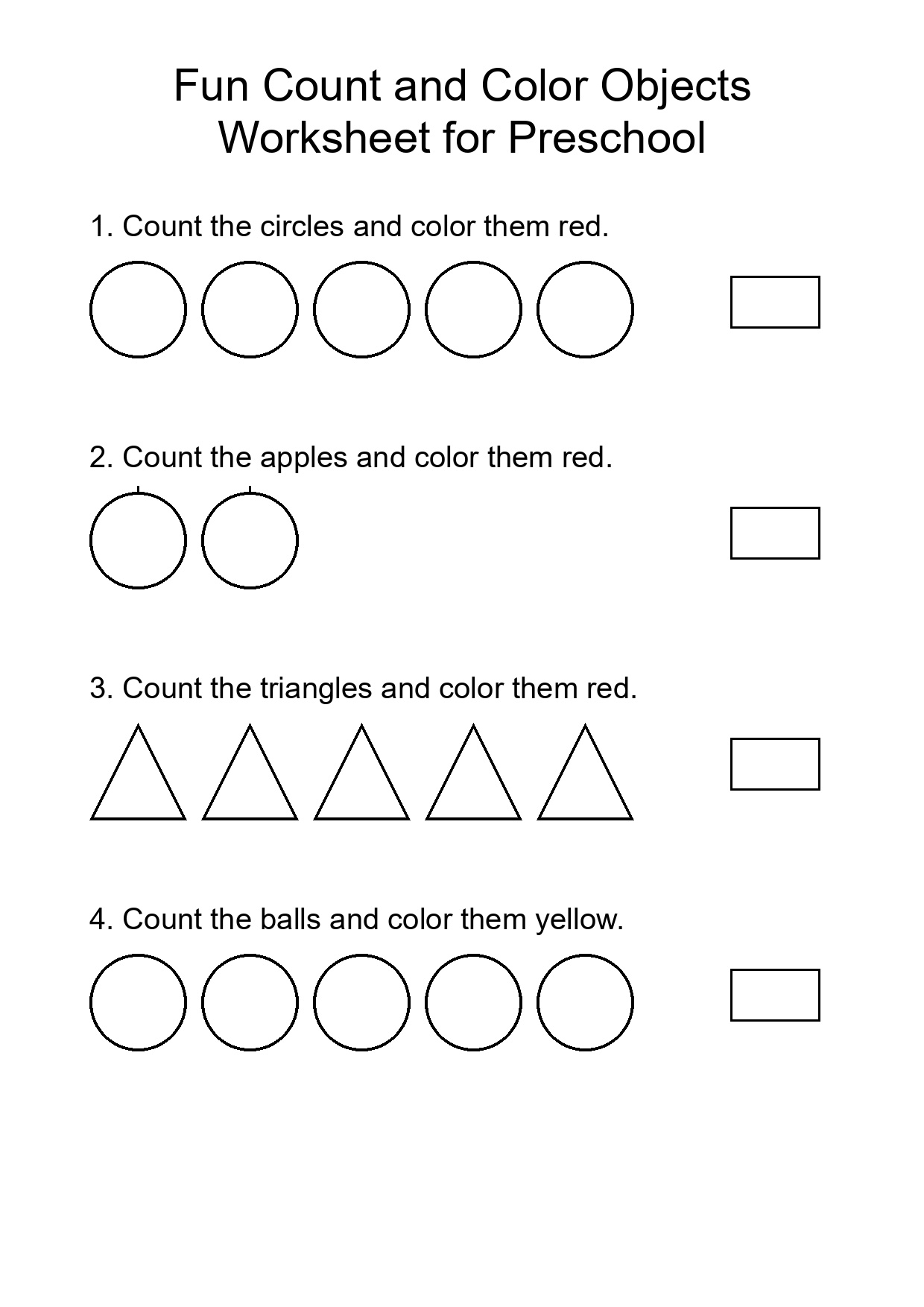 Fun Count and Color Objects Worksheet for Preschool