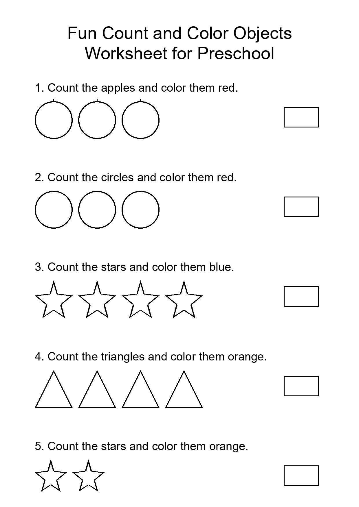 Fun Count and Color Objects Worksheet for Preschool