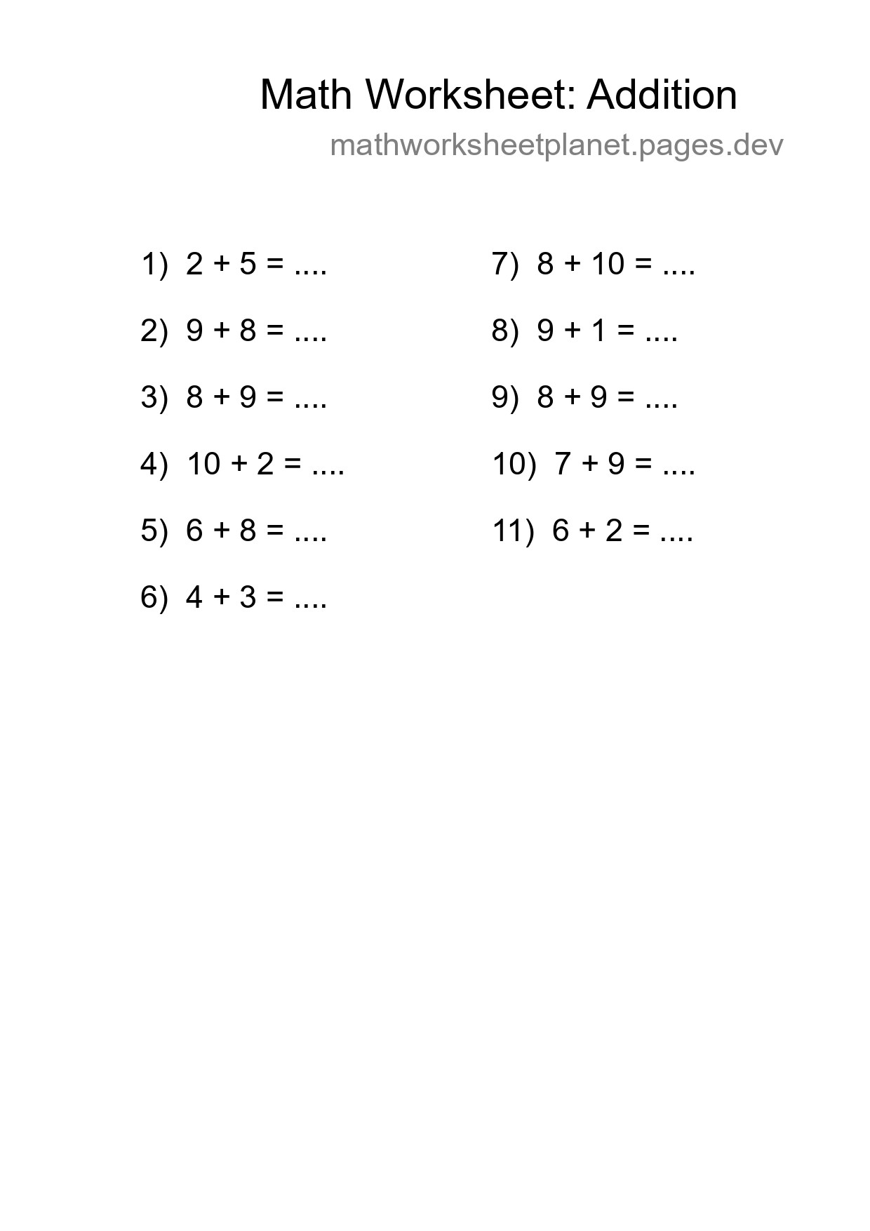 Grade 1 Addition Practice Worksheet (11 Problems) - Part 291