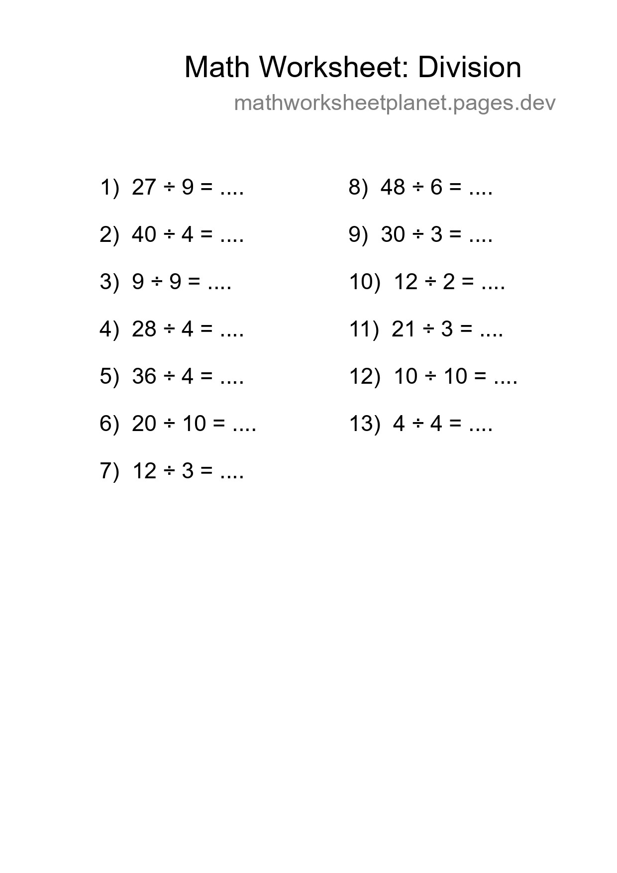 Grade 1 Division Practice Worksheet (13 Problems) - Part 34