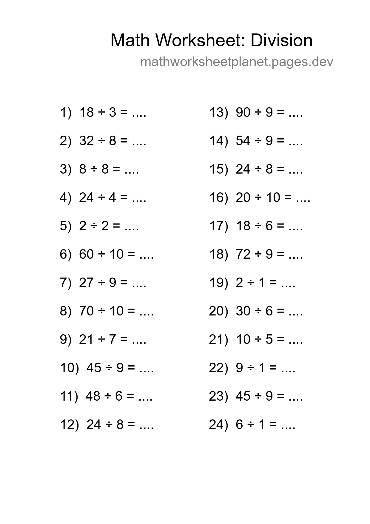 Grade 1 Division Practice Worksheet (24 Problems) - Part 4