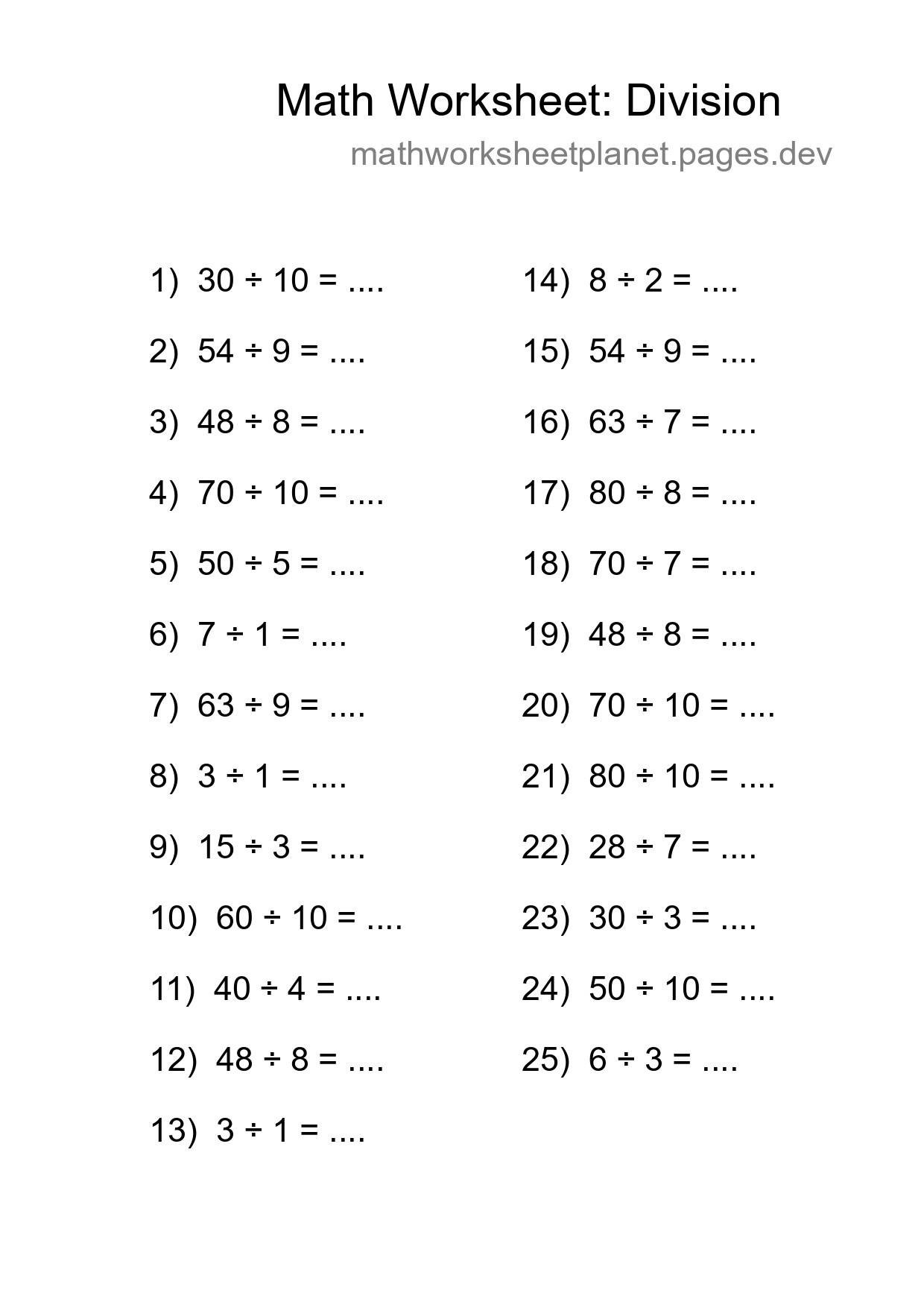 Grade 1 Division Practice Worksheet (25 Problems) - Part 54