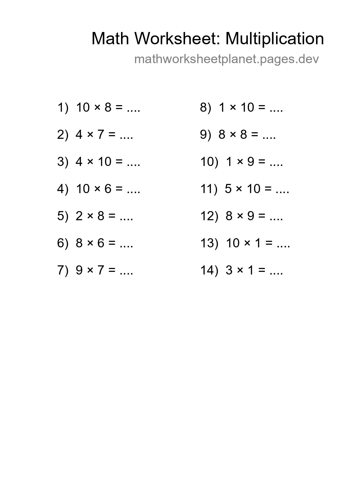 Grade 1 Multiplication Practice Worksheet (14 Problems) - Part 257