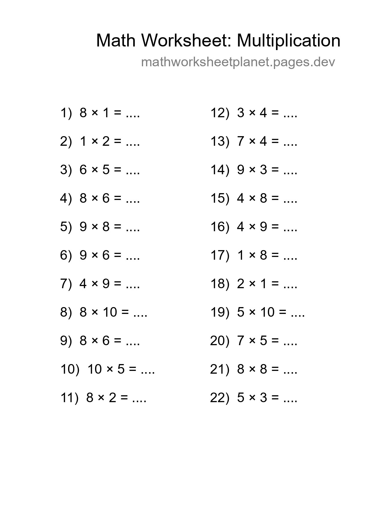 Grade 1 Multiplication Practice Worksheet (22 Problems) - Part 7