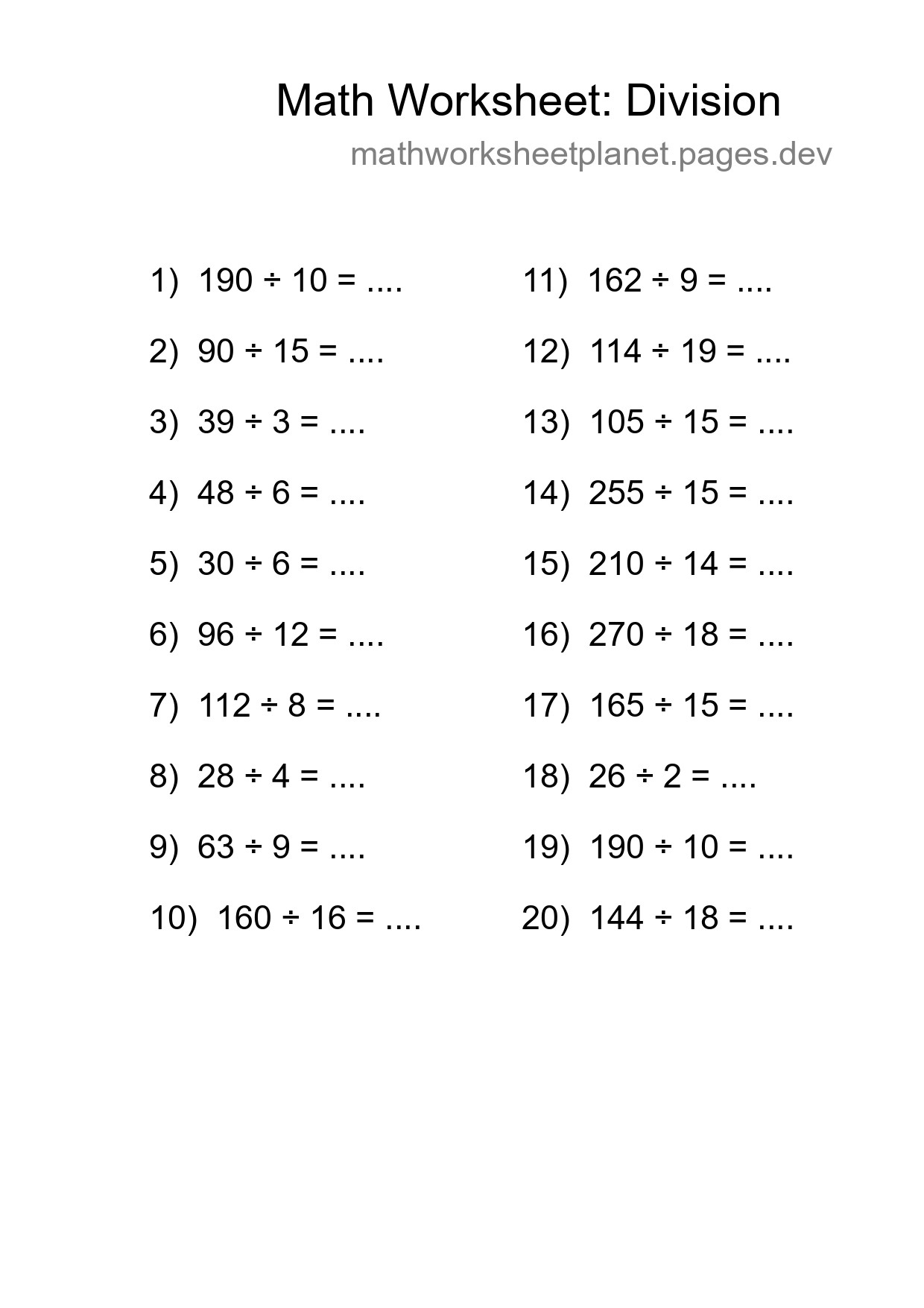 Grade 2 Division Practice Worksheet (20 Problems) - Part 254