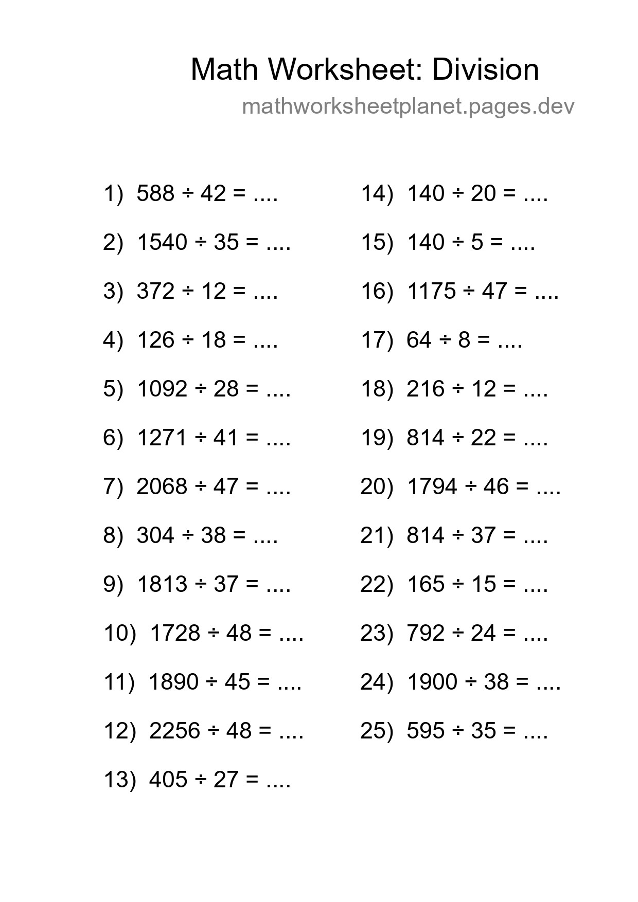 Grade 2 Division Practice Worksheet (25 Problems) - Part 64