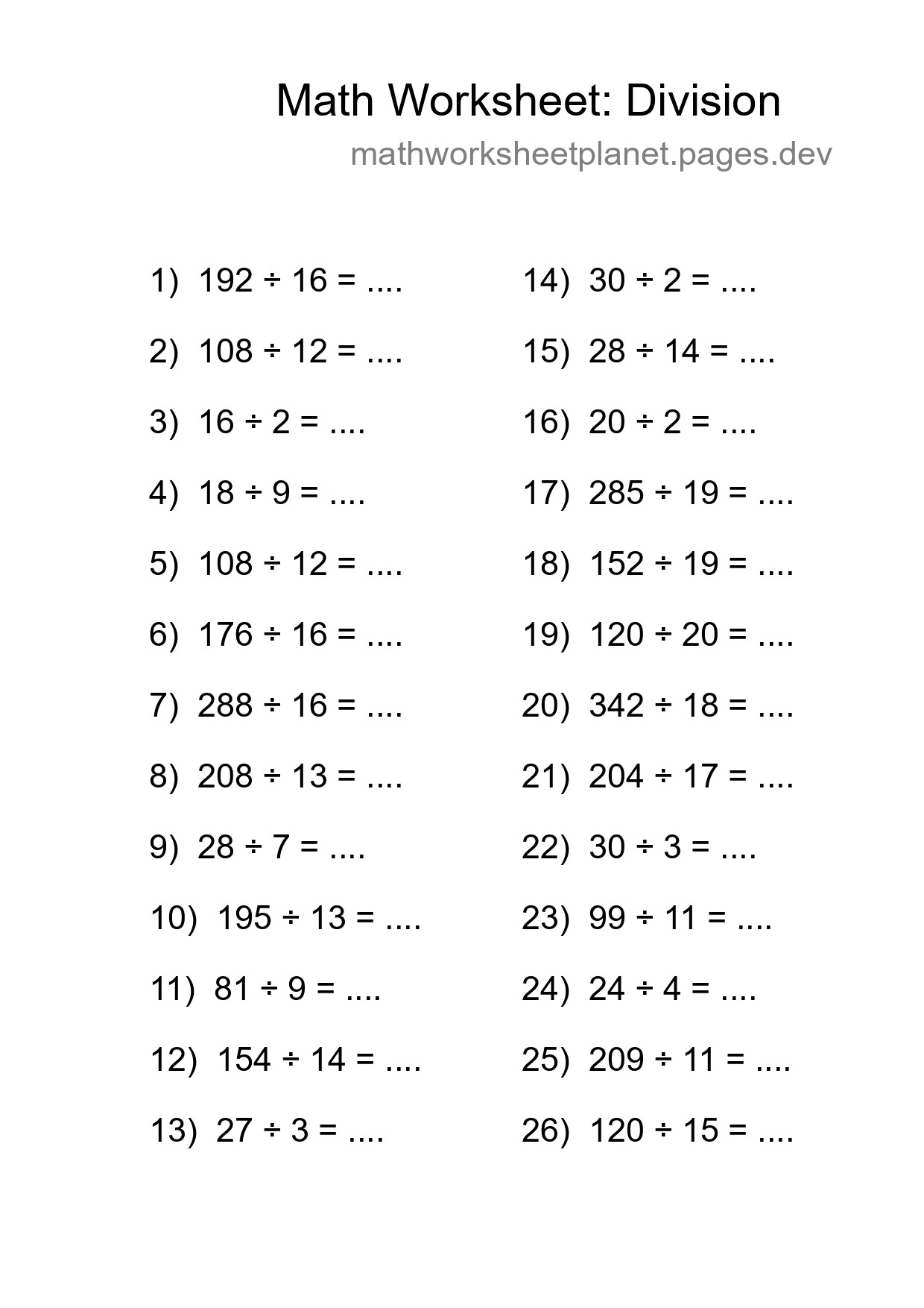 Grade 2 Division Practice Worksheet (26 Problems) - Part 74