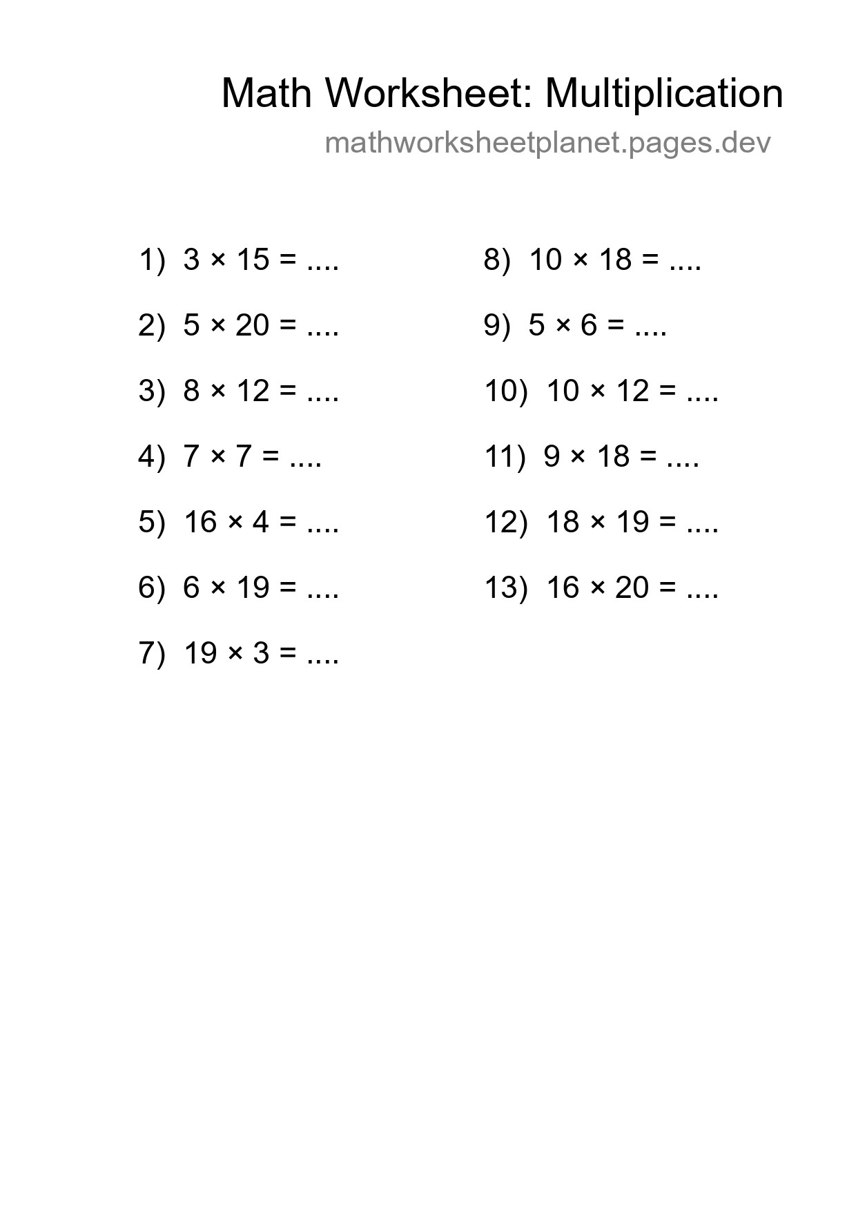 Grade 2 Multiplication Practice Worksheet (13 Problems) - Part 157