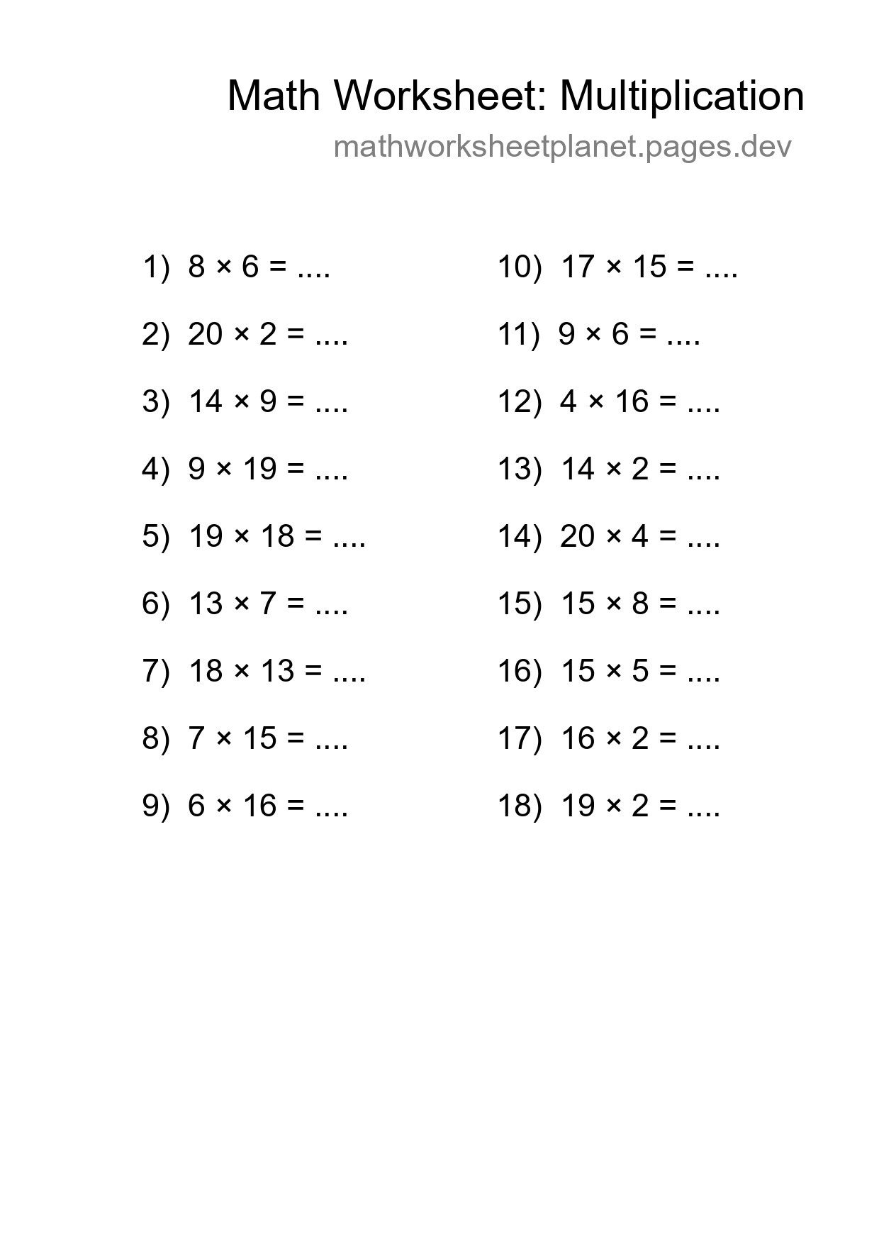 Grade 2 Multiplication Practice Worksheet (18 Problems) - Part 267