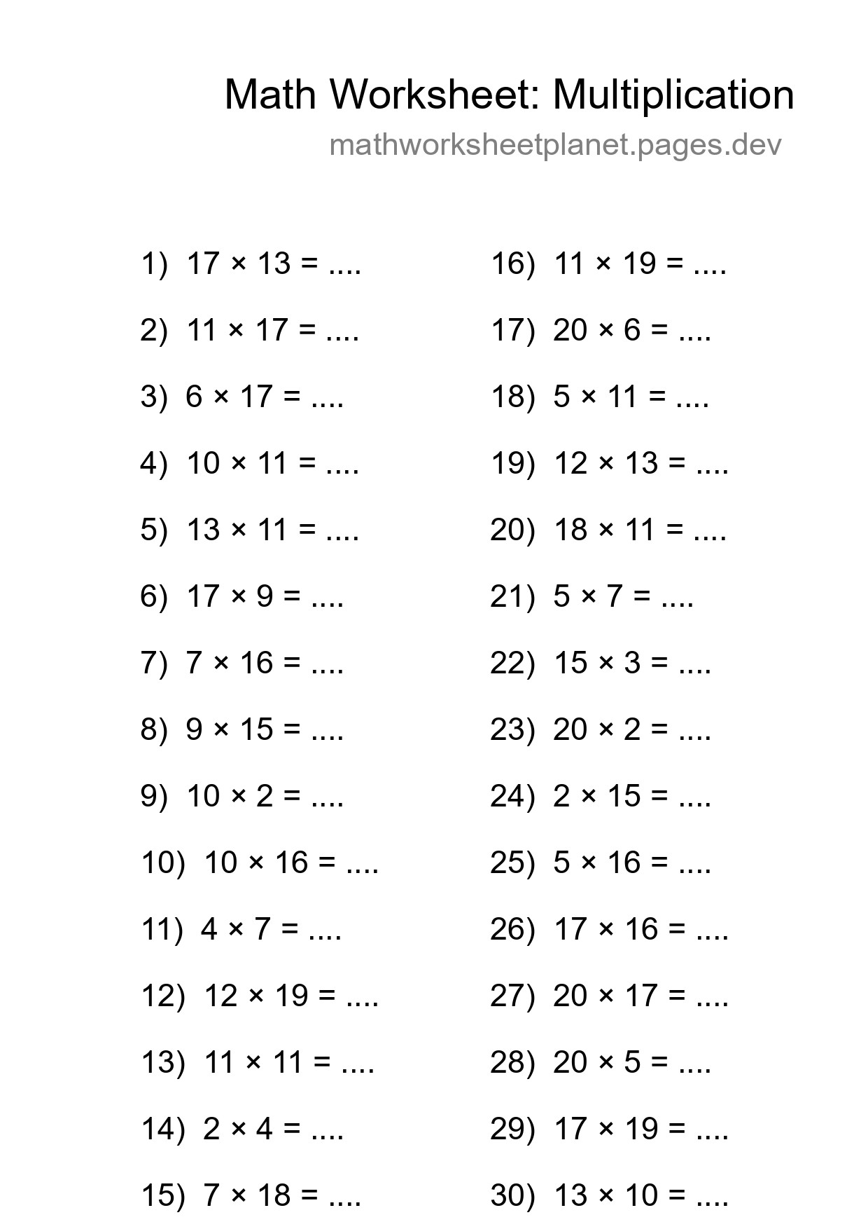 Grade 2 Multiplication Practice Worksheet (30 Problems) - Part 187