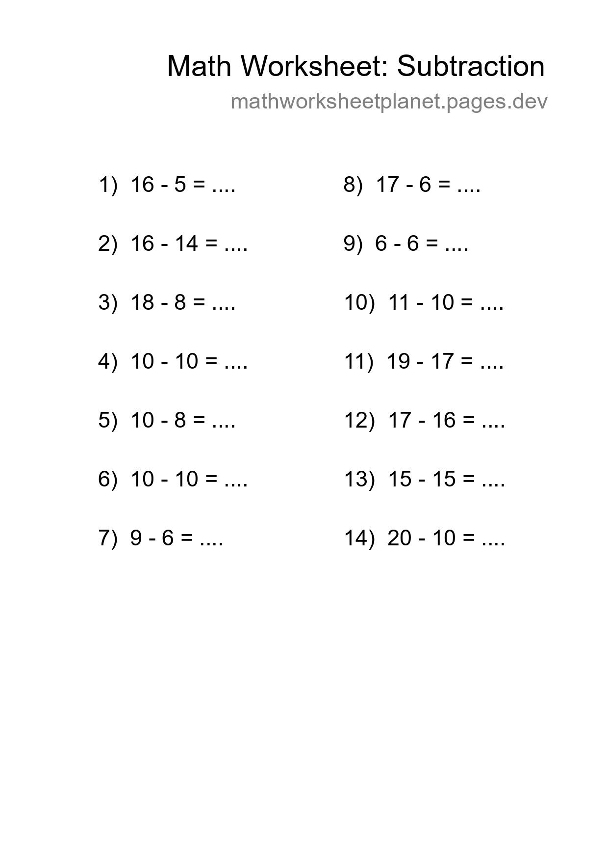 Grade 2 Subtraction Practice Worksheet (14 Problems) - Part 18