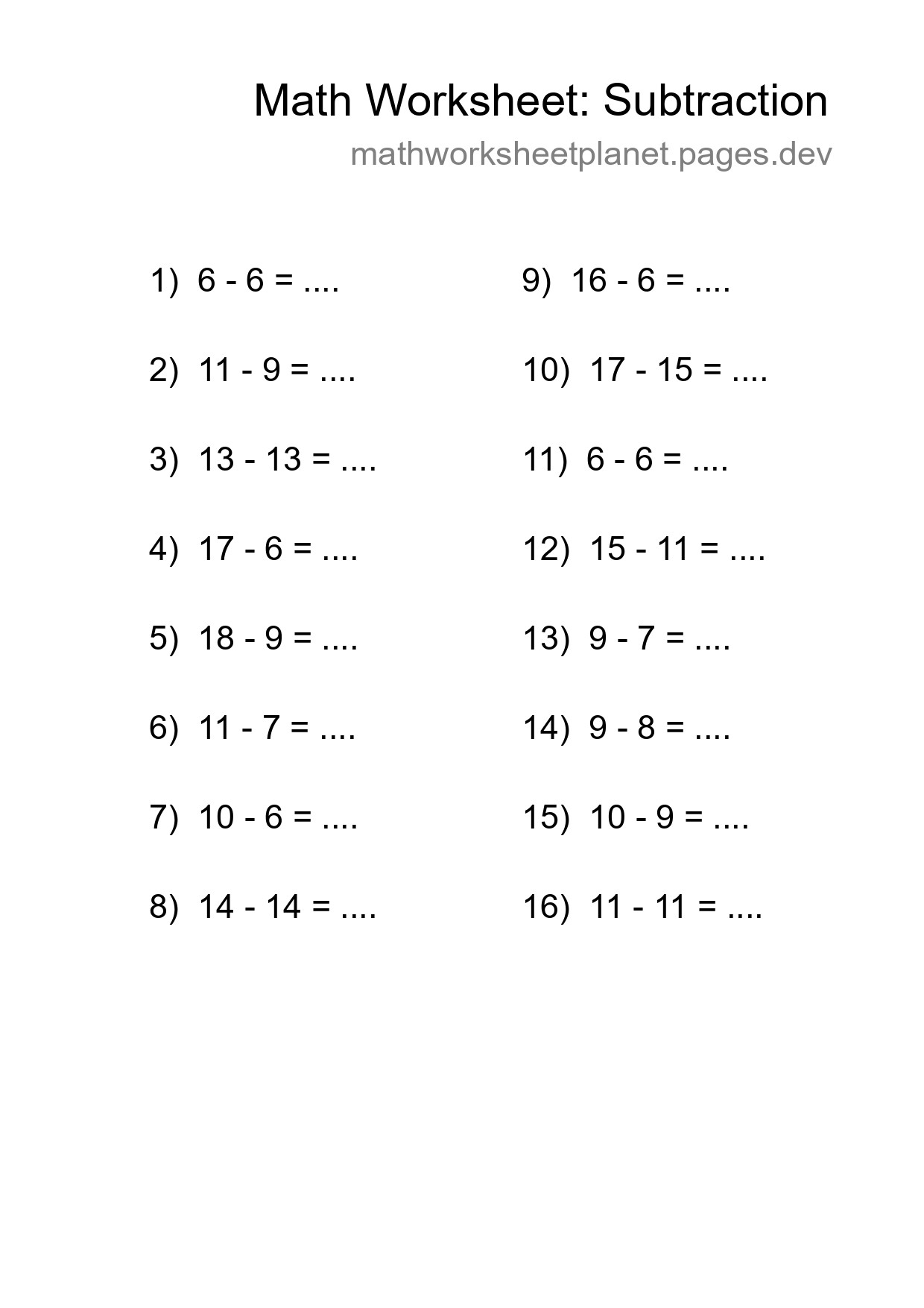 Grade 2 Subtraction Practice Worksheet (16 Problems) - Part 98