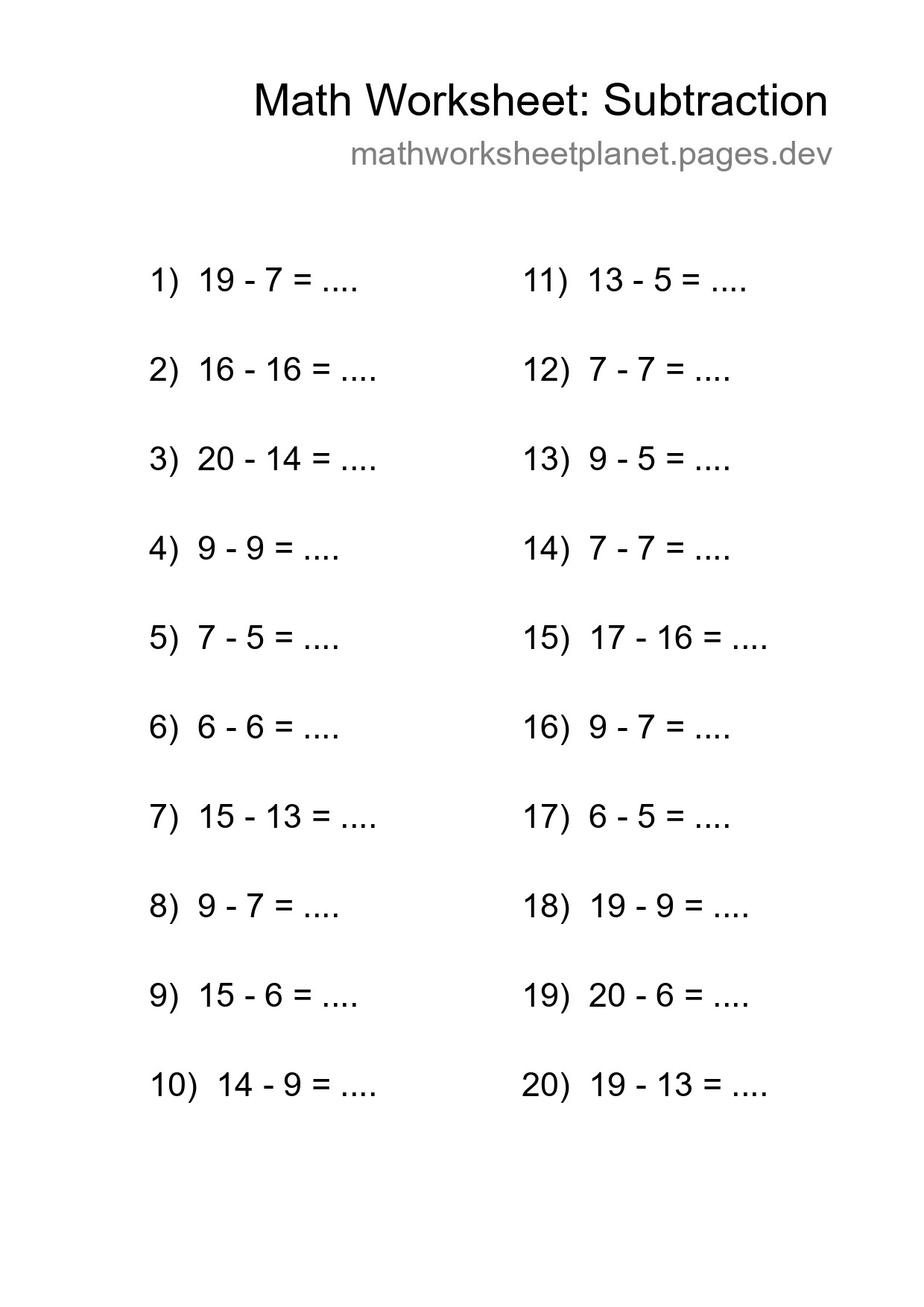 Grade 2 Subtraction Practice Worksheet (20 Problems) - Part 48