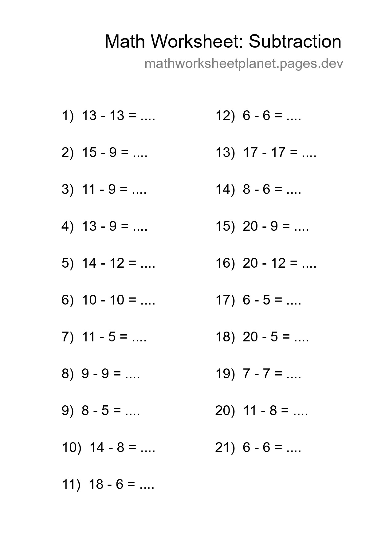 Grade 2 Subtraction Practice Worksheet (21 Problems) - Part 258