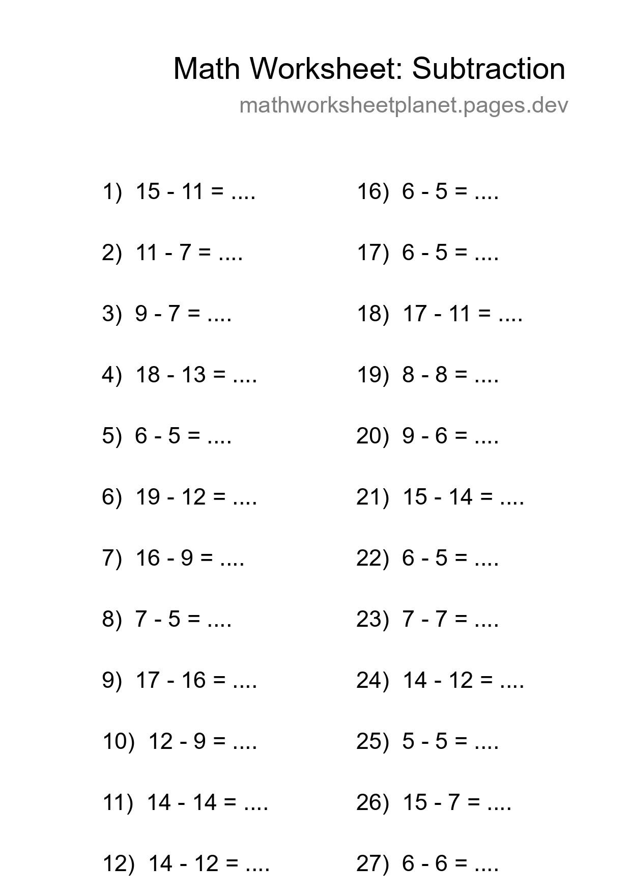 Grade 2 Subtraction Practice Worksheet (30 Problems) - Part 138