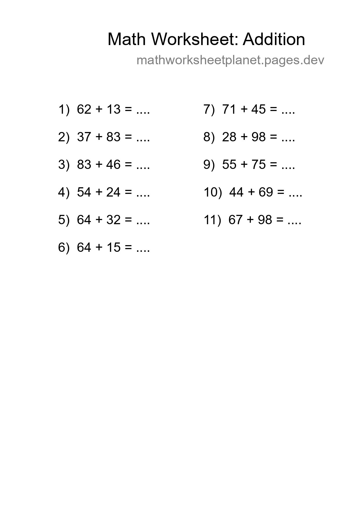 Grade 3 Addition Practice Worksheet (11 Problems) - Part 221