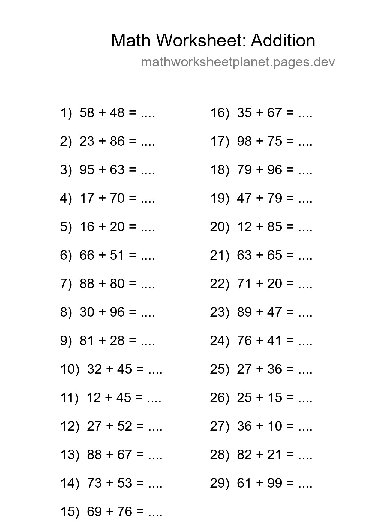 Grade 3 Addition Practice Worksheet (29 Problems) - Part 91