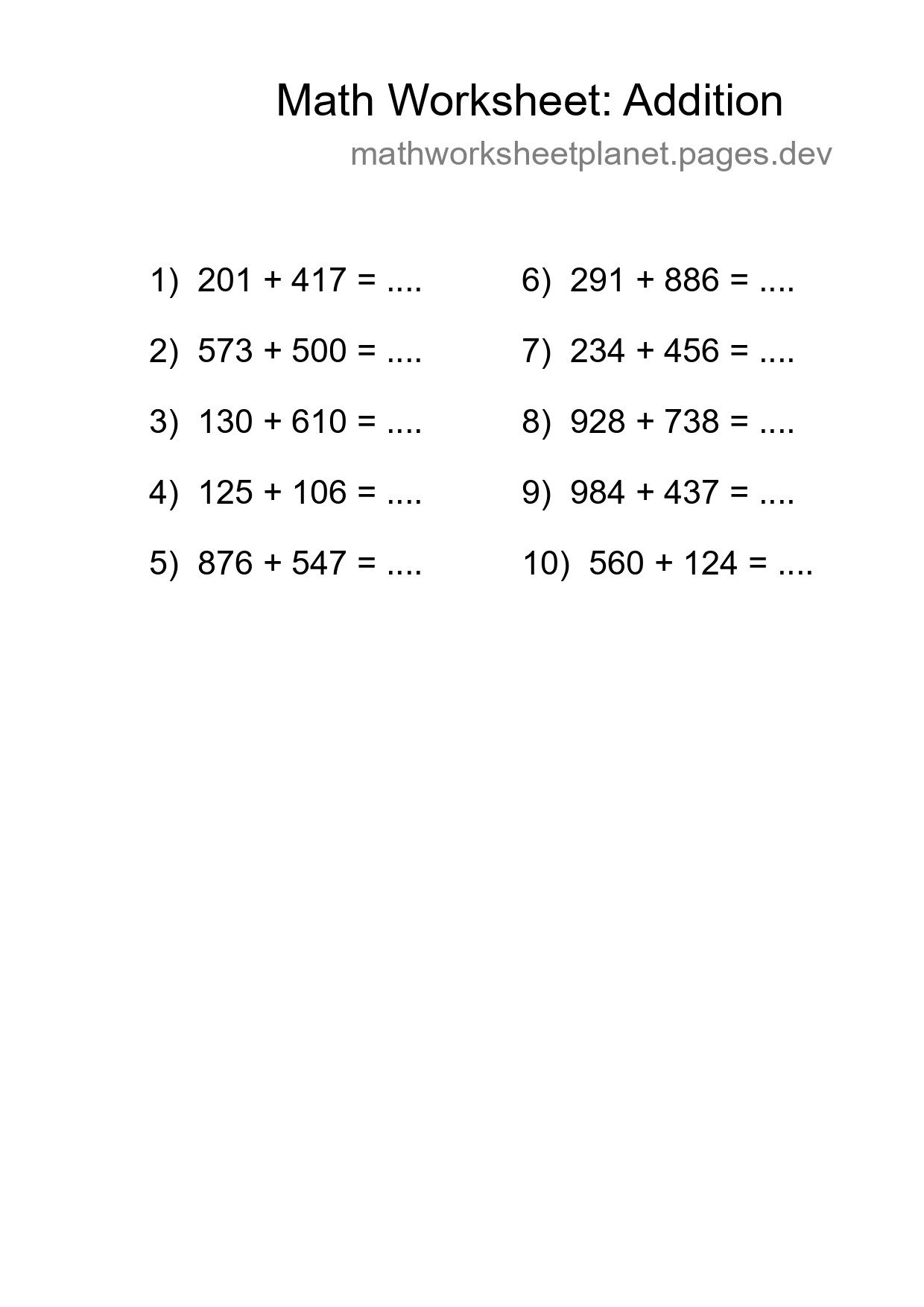 Grade 5 Addition Practice Worksheet (10 Problems) - Part 251