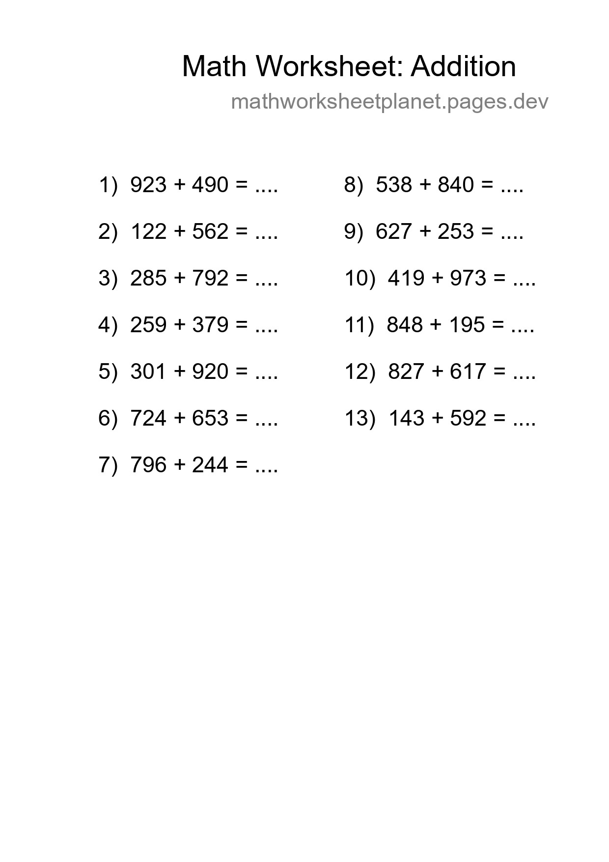Grade 5 Addition Practice Worksheet (13 Problems) - Part 211