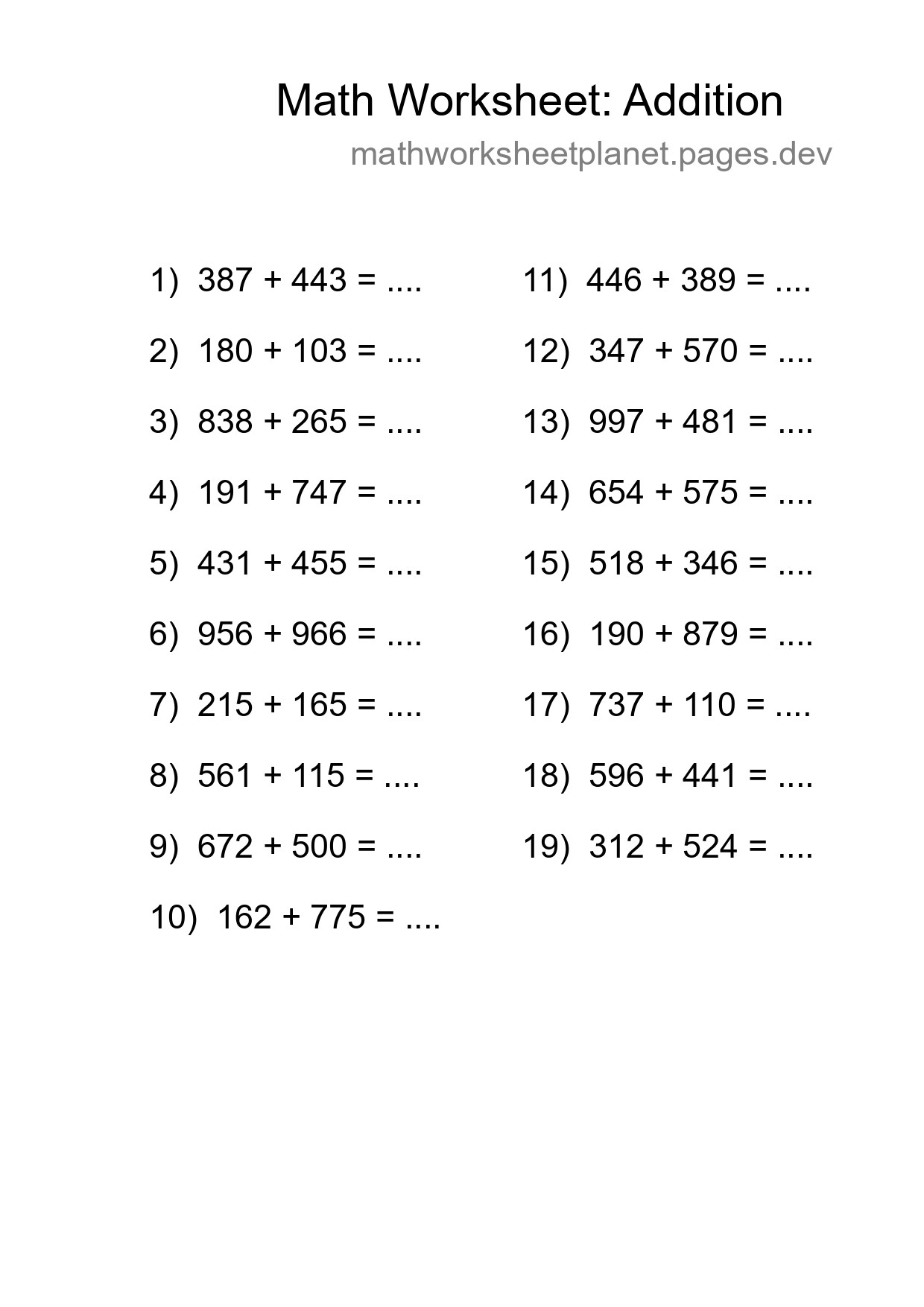 Grade 5 Addition Practice Worksheet (19 Problems) - Part 191