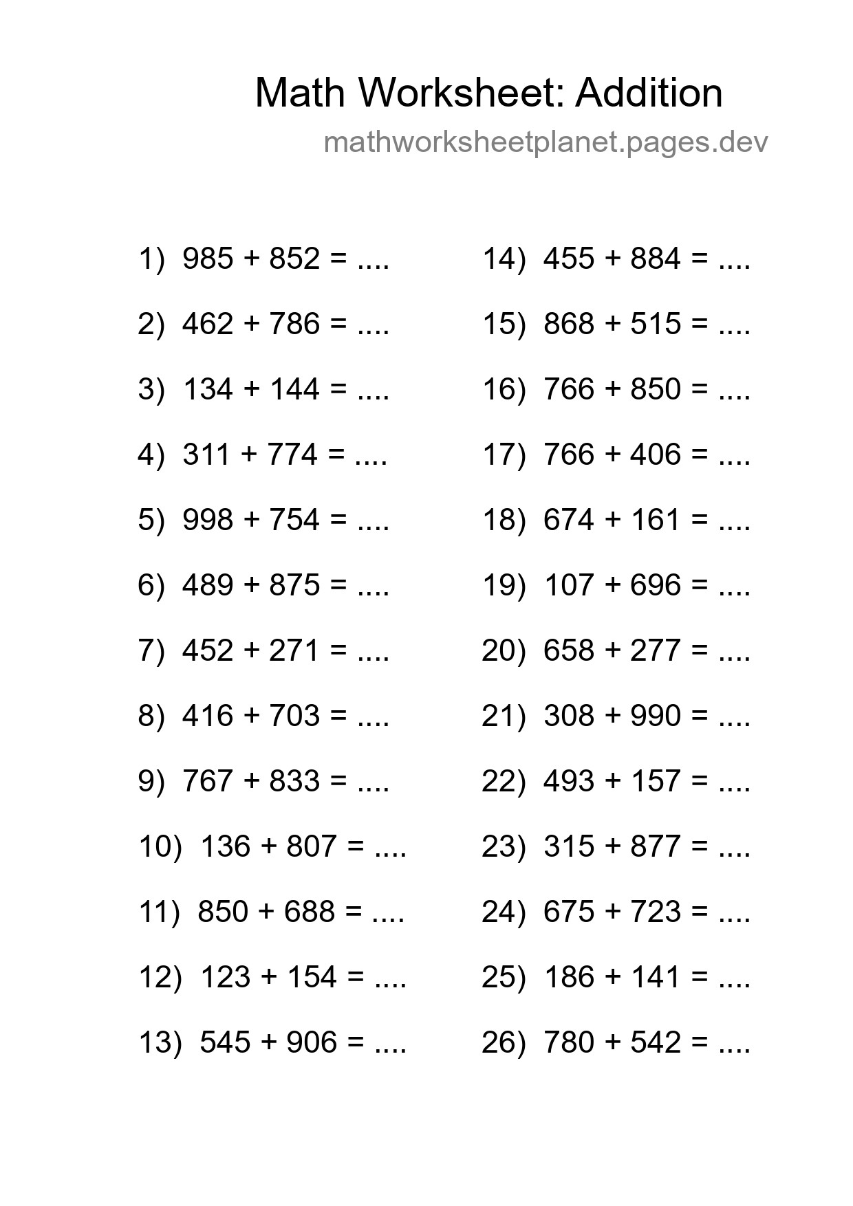 Grade 5 Addition Practice Worksheet (26 Problems) - Part 121