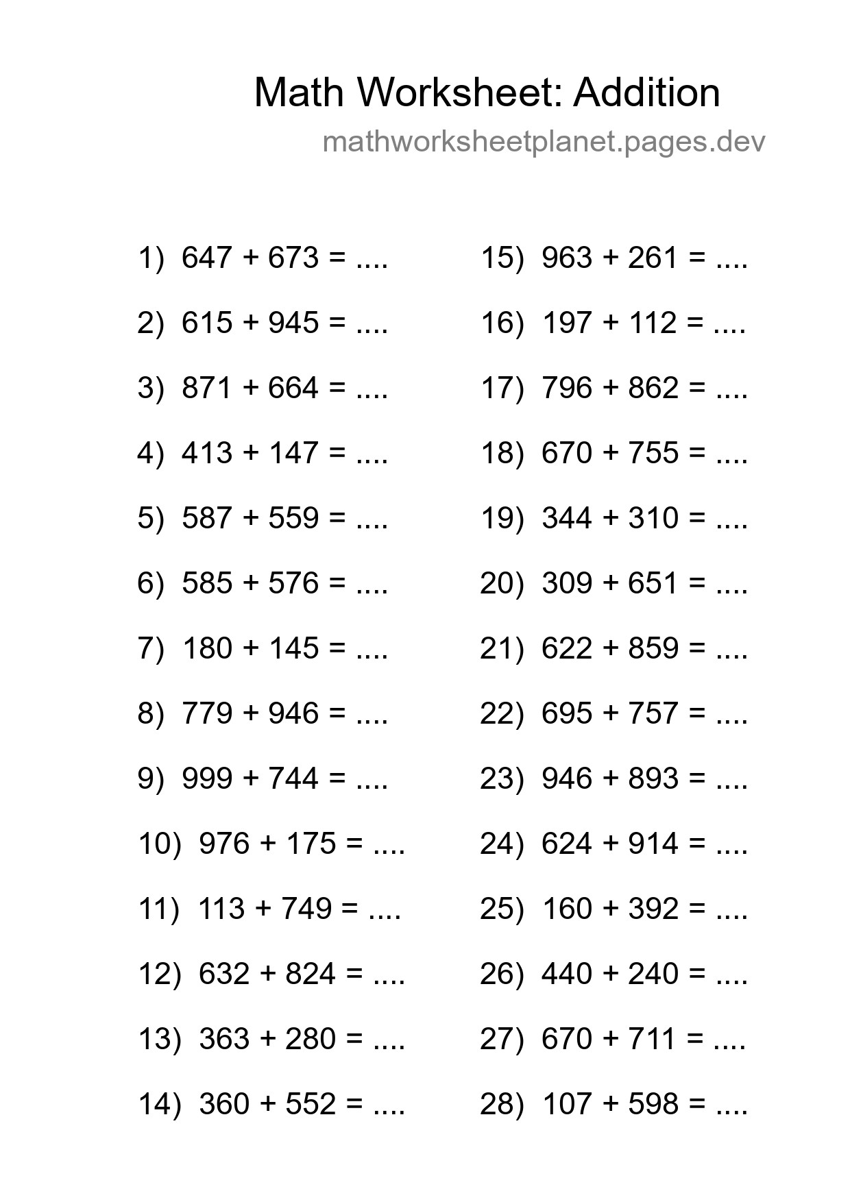 Grade 5 Addition Practice Worksheet (28 Problems) - Part 41