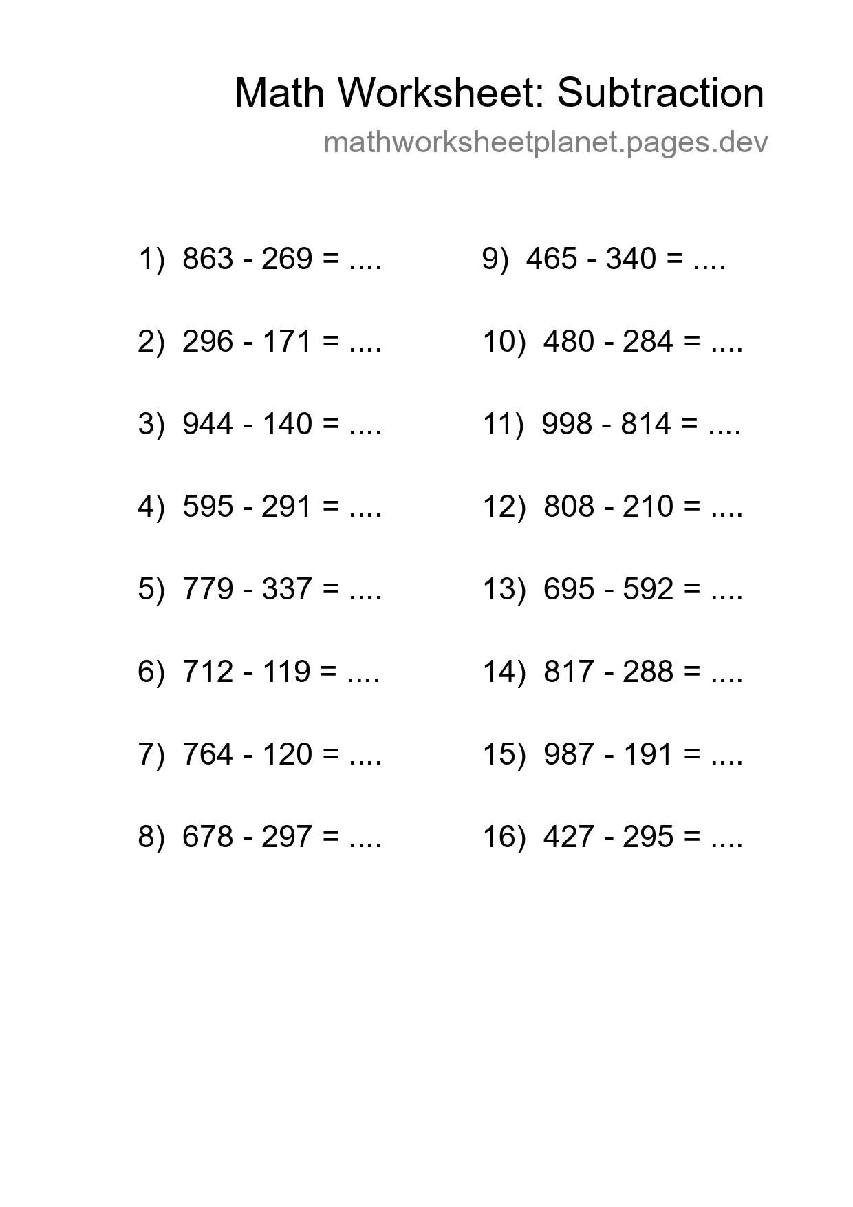 Grade 5 Subtraction Practice Worksheet (16 Problems) - Part 208