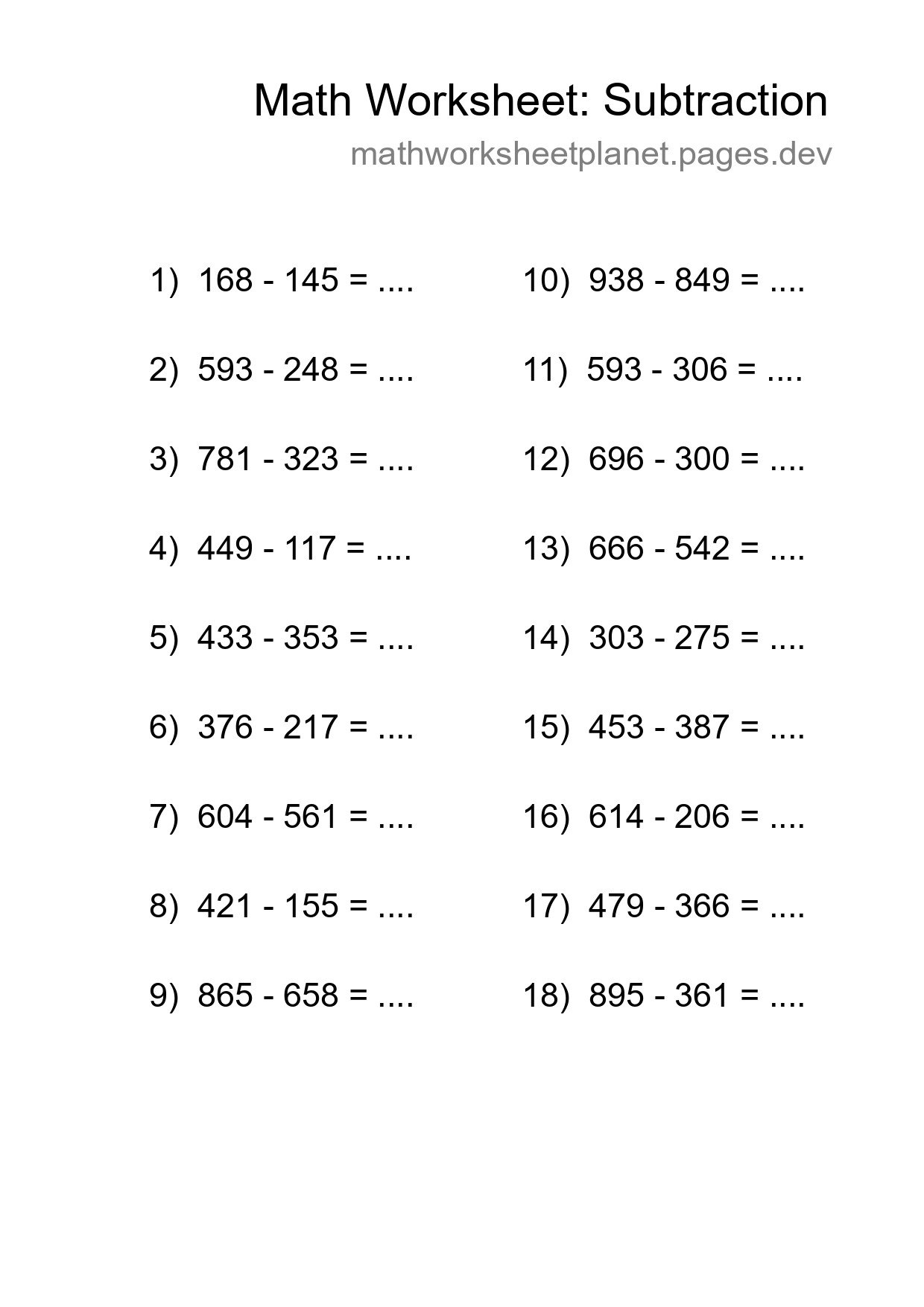 Grade 5 Subtraction Practice Worksheet (18 Problems) - Part 38
