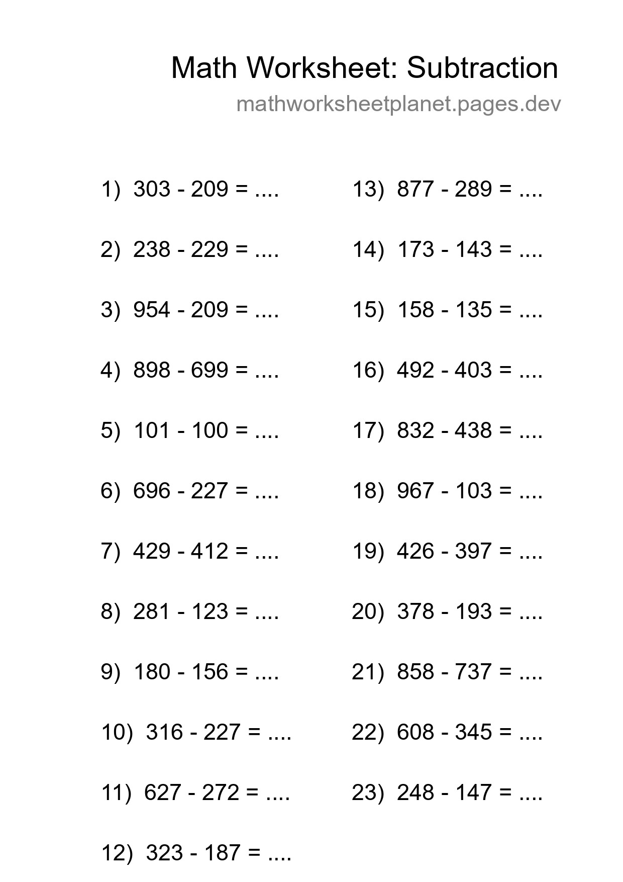 Grade 5 Subtraction Practice Worksheet (23 Problems) - Part 88