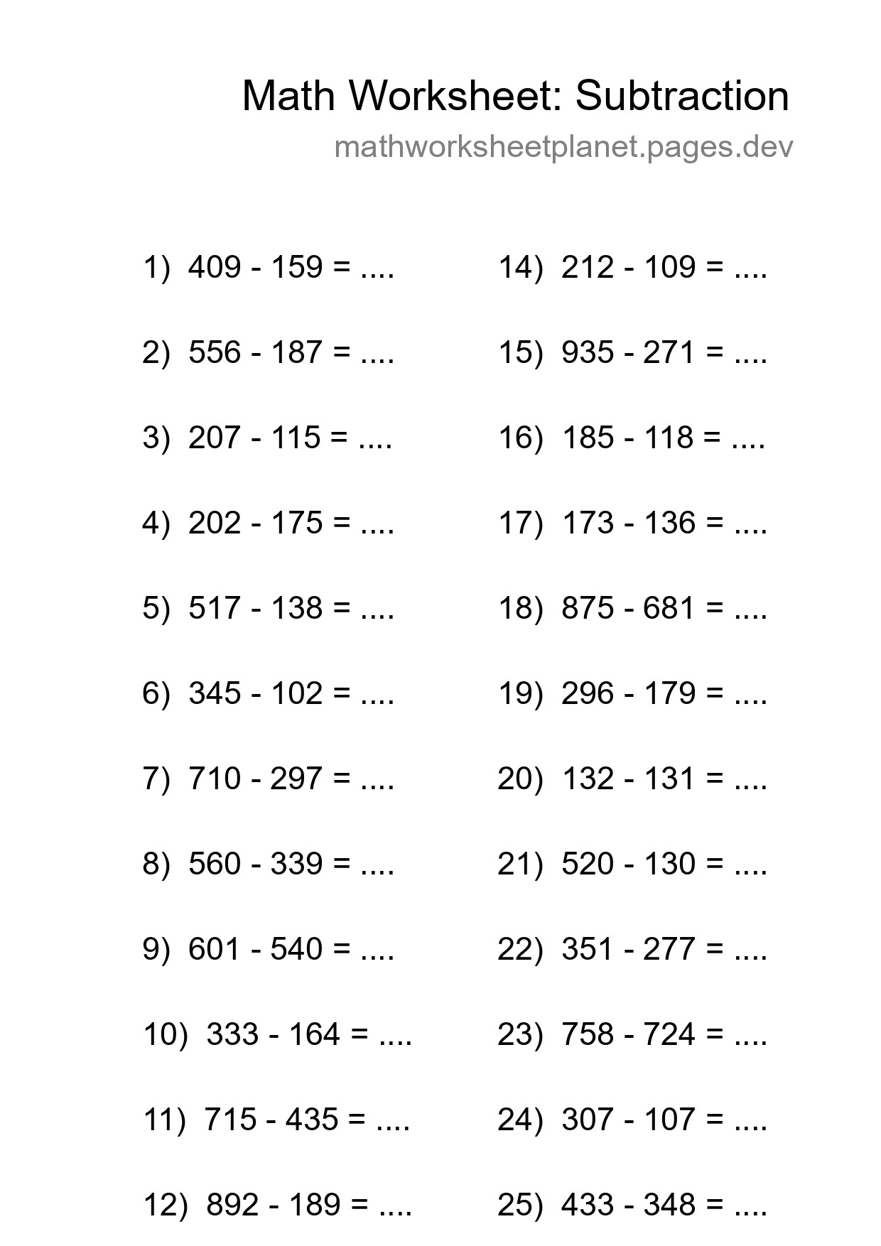 Grade 5 Subtraction Practice Worksheet (25 Problems) - Part 218