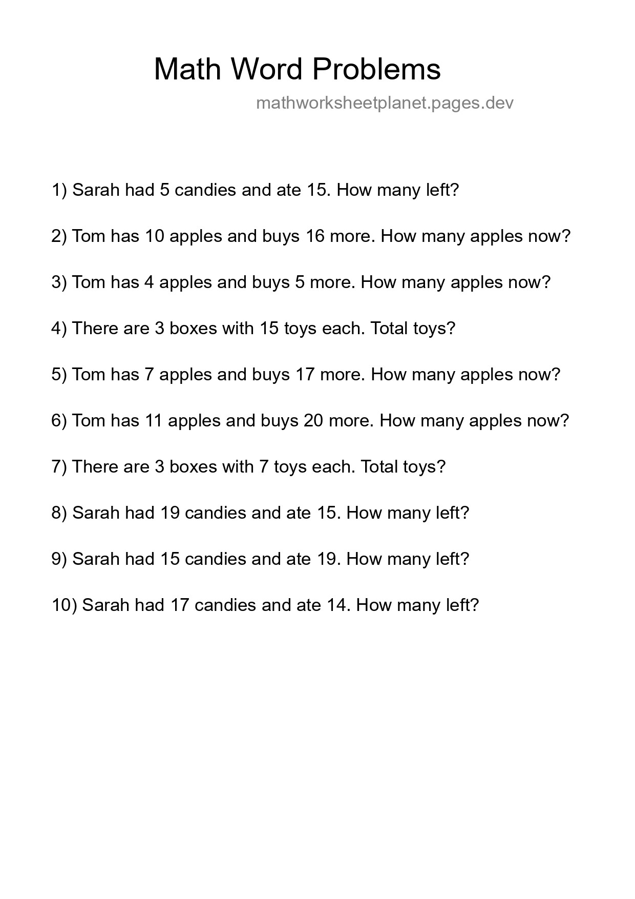Math Word Problem Worksheet